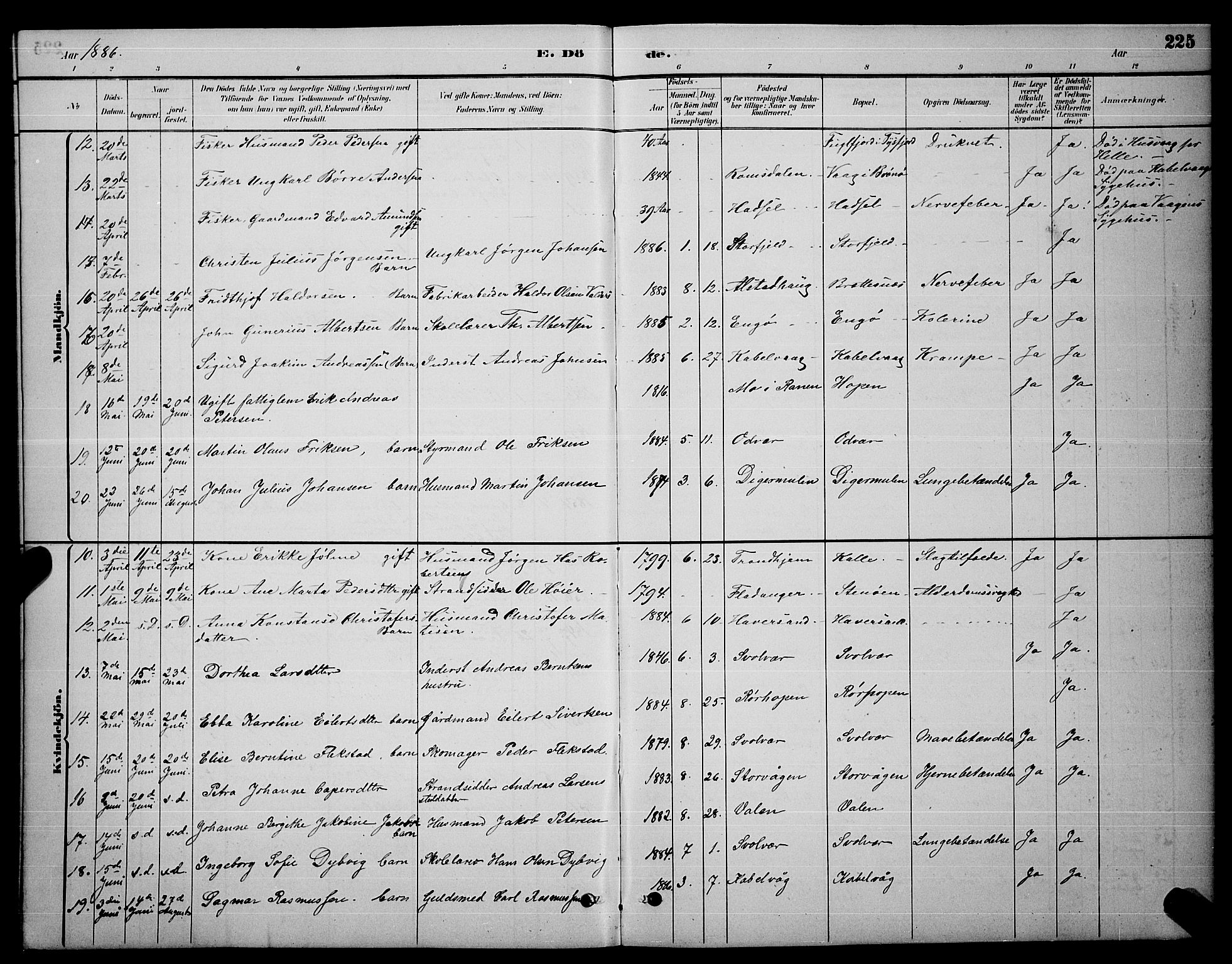 Ministerialprotokoller, klokkerbøker og fødselsregistre - Nordland, AV/SAT-A-1459/874/L1076: Parish register (copy) no. 874C05, 1884-1890, p. 225