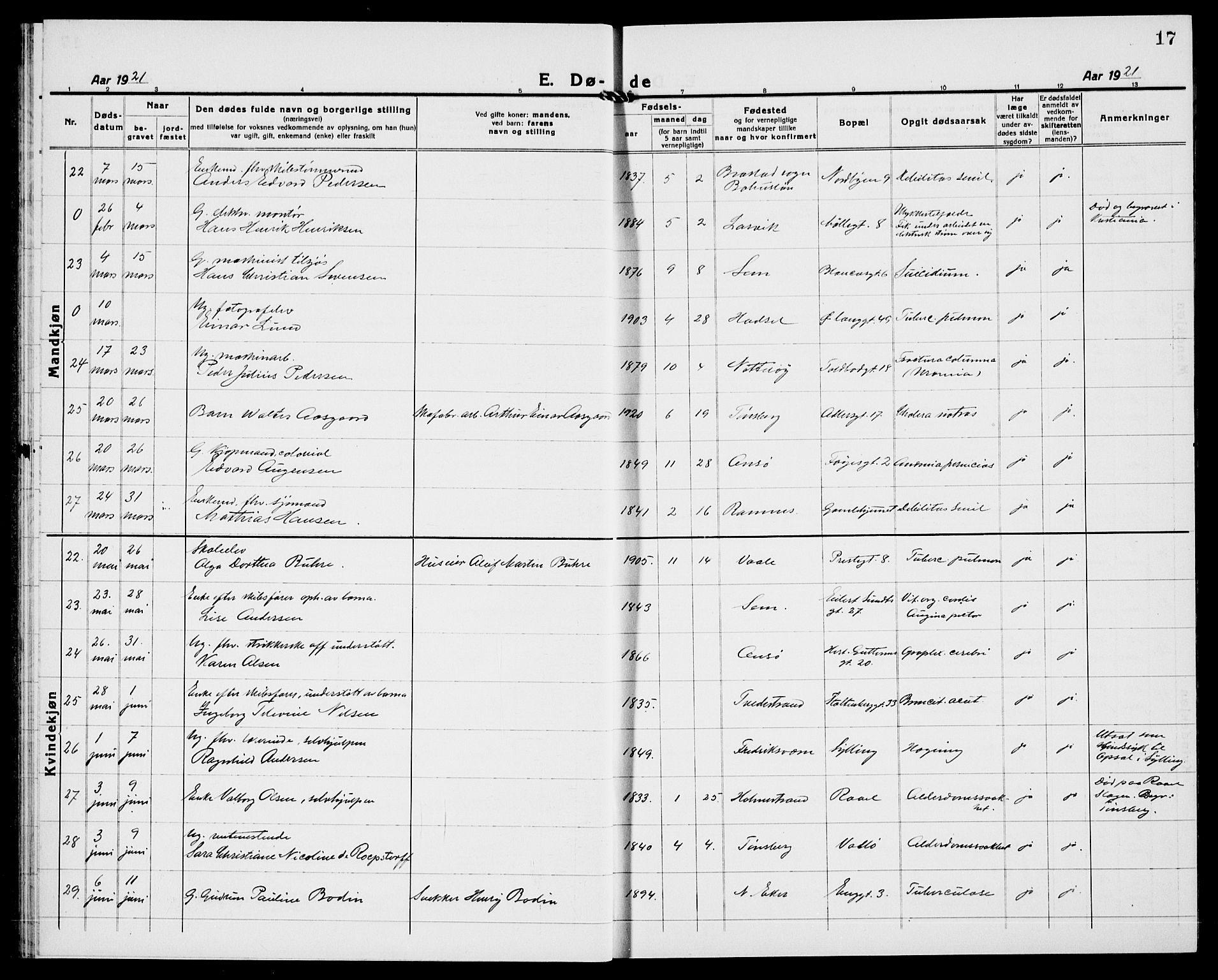 Tønsberg kirkebøker, SAKO/A-330/G/Ga/L0018: Parish register (copy) no. 18, 1920-1935, p. 17