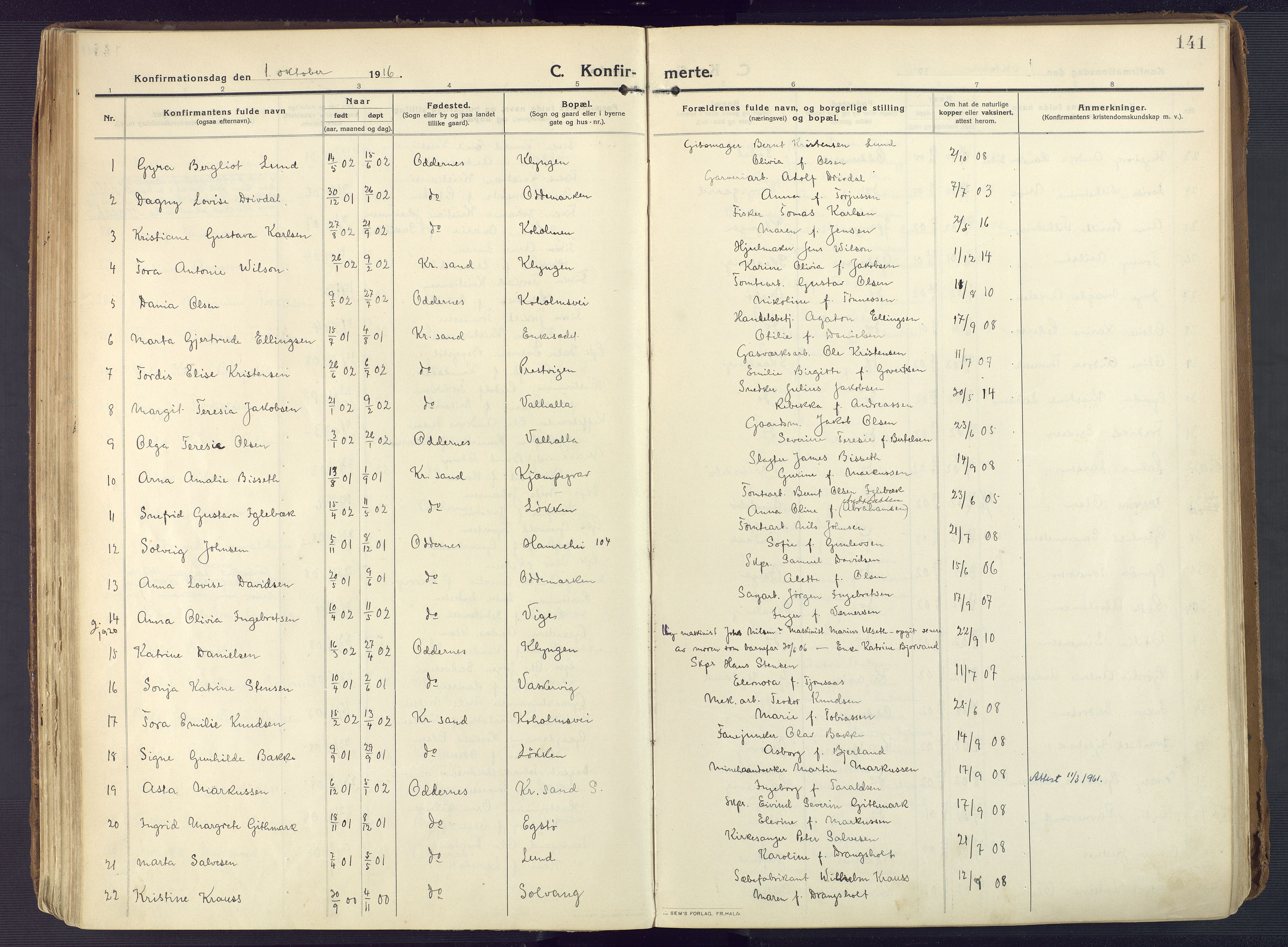 Oddernes sokneprestkontor, AV/SAK-1111-0033/F/Fa/Faa/L0012: Parish register (official) no. A 12, 1912-1925, p. 141