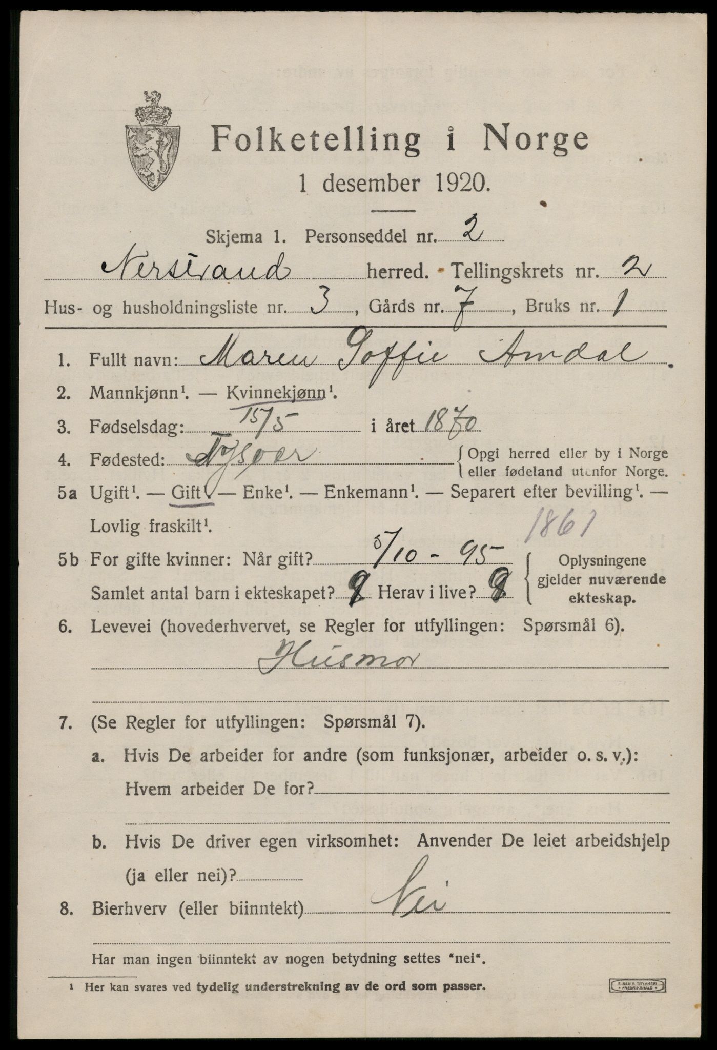 SAST, 1920 census for Nedstrand, 1920, p. 1001