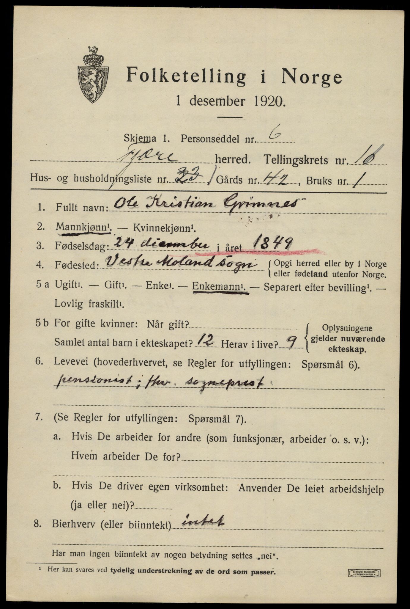 SAK, 1920 census for Fjære, 1920, p. 11737