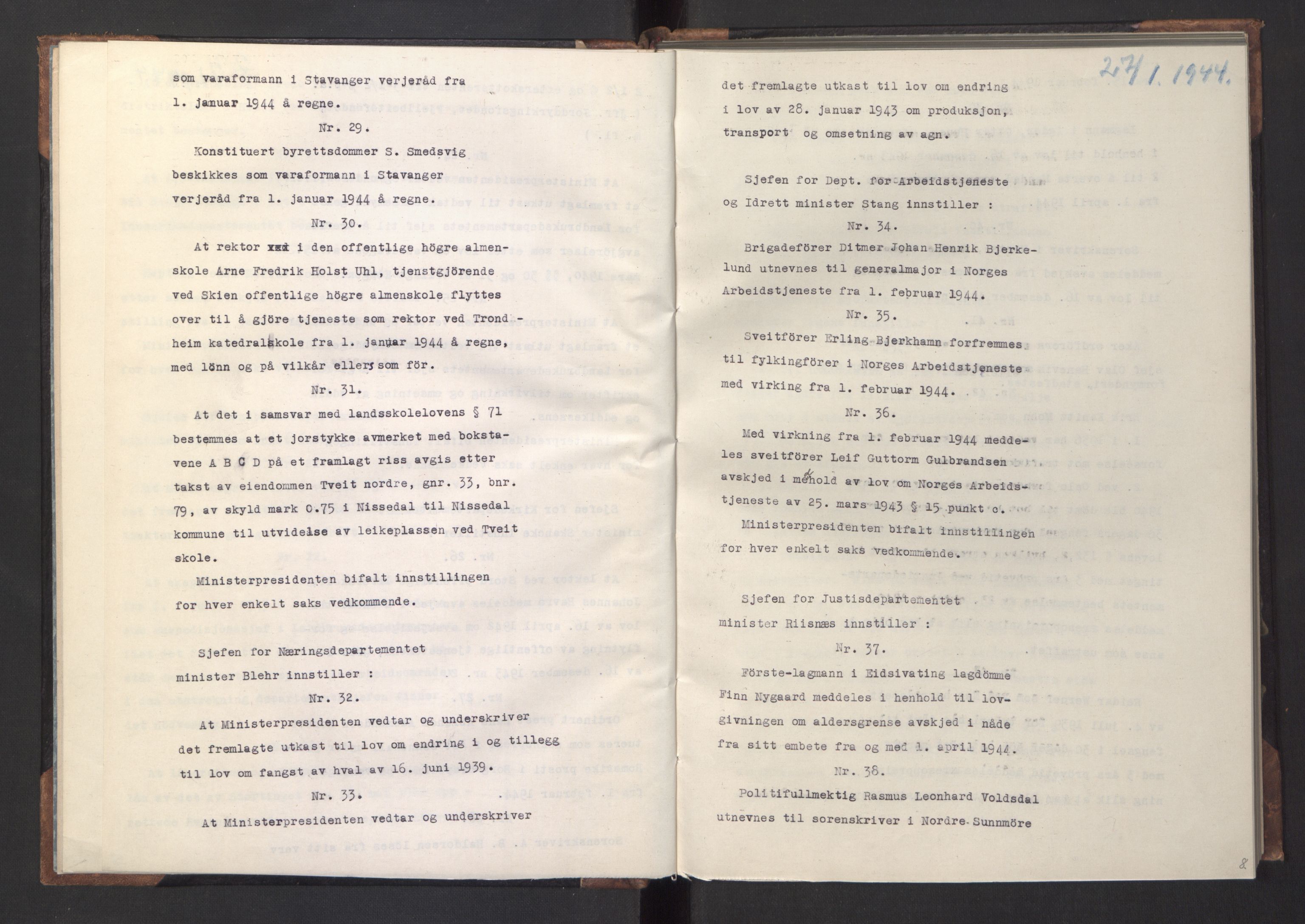 NS-administrasjonen 1940-1945 (Statsrådsekretariatet, de kommisariske statsråder mm), AV/RA-S-4279/D/Da/L0005: Protokoll fra ministermøter, 1944, p. 10