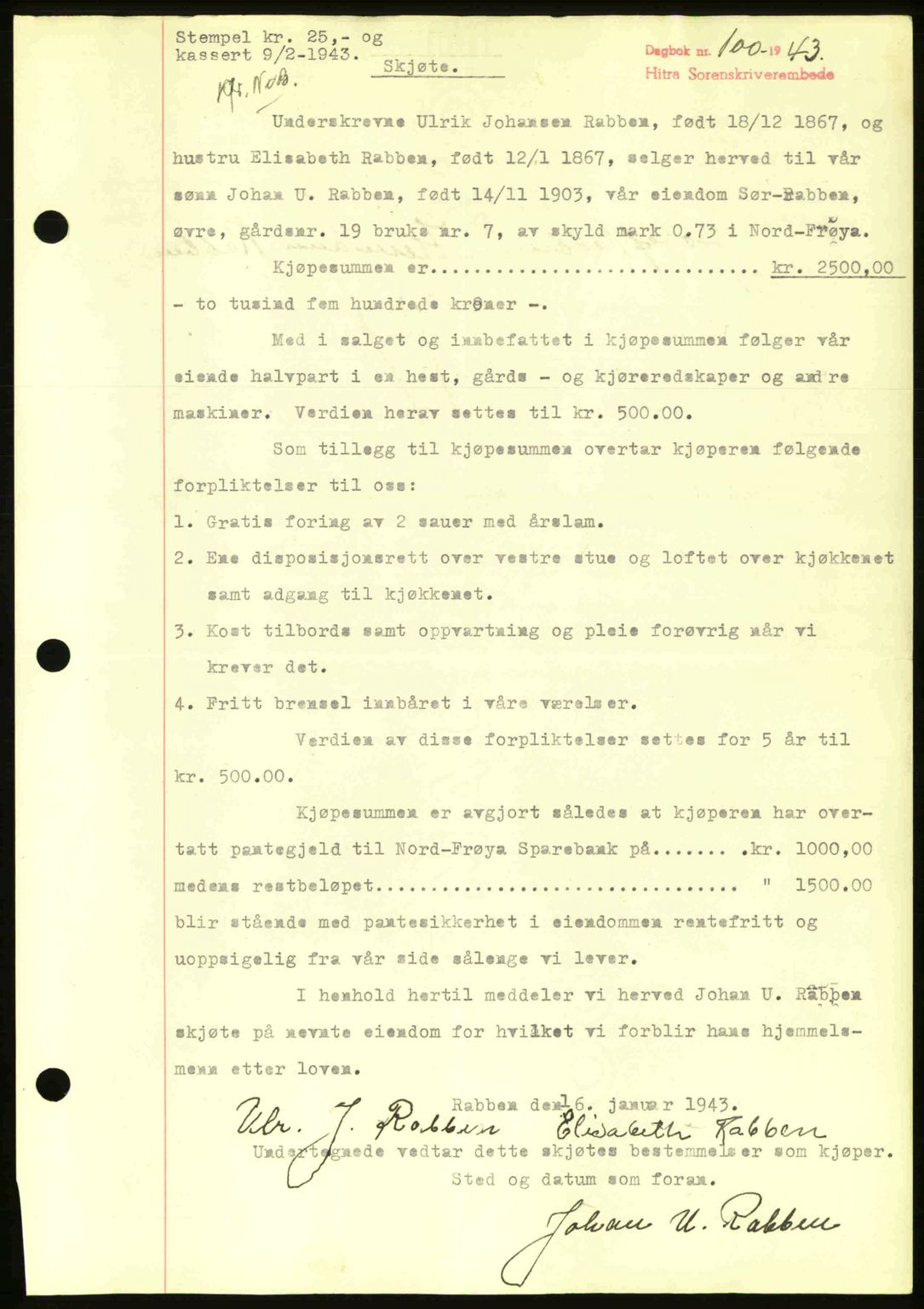 Hitra sorenskriveri, AV/SAT-A-0018/2/2C/2Ca: Mortgage book no. A2, 1943-1945, Diary no: : 100/1943
