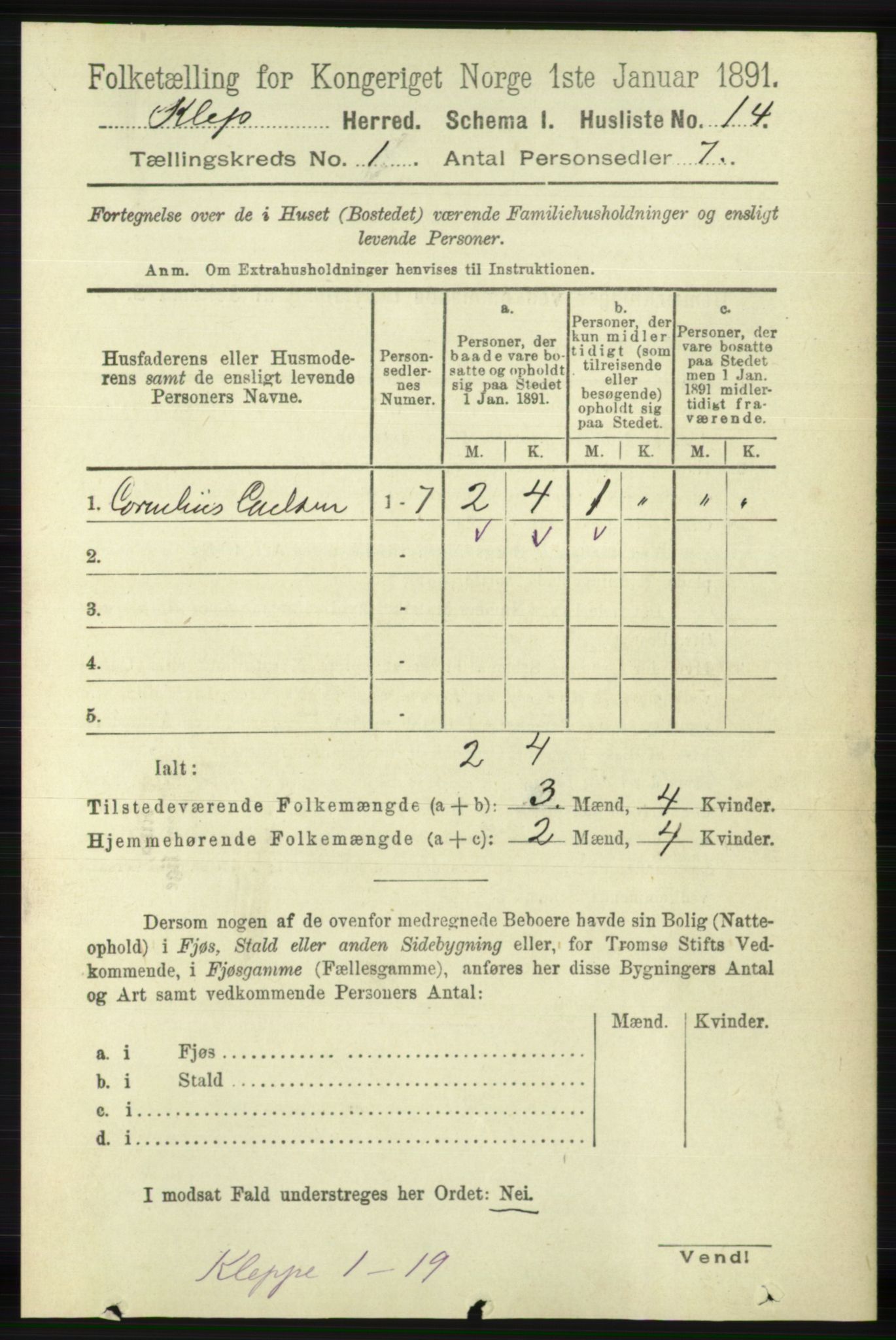 RA, 1891 census for 1120 Klepp, 1891, p. 41