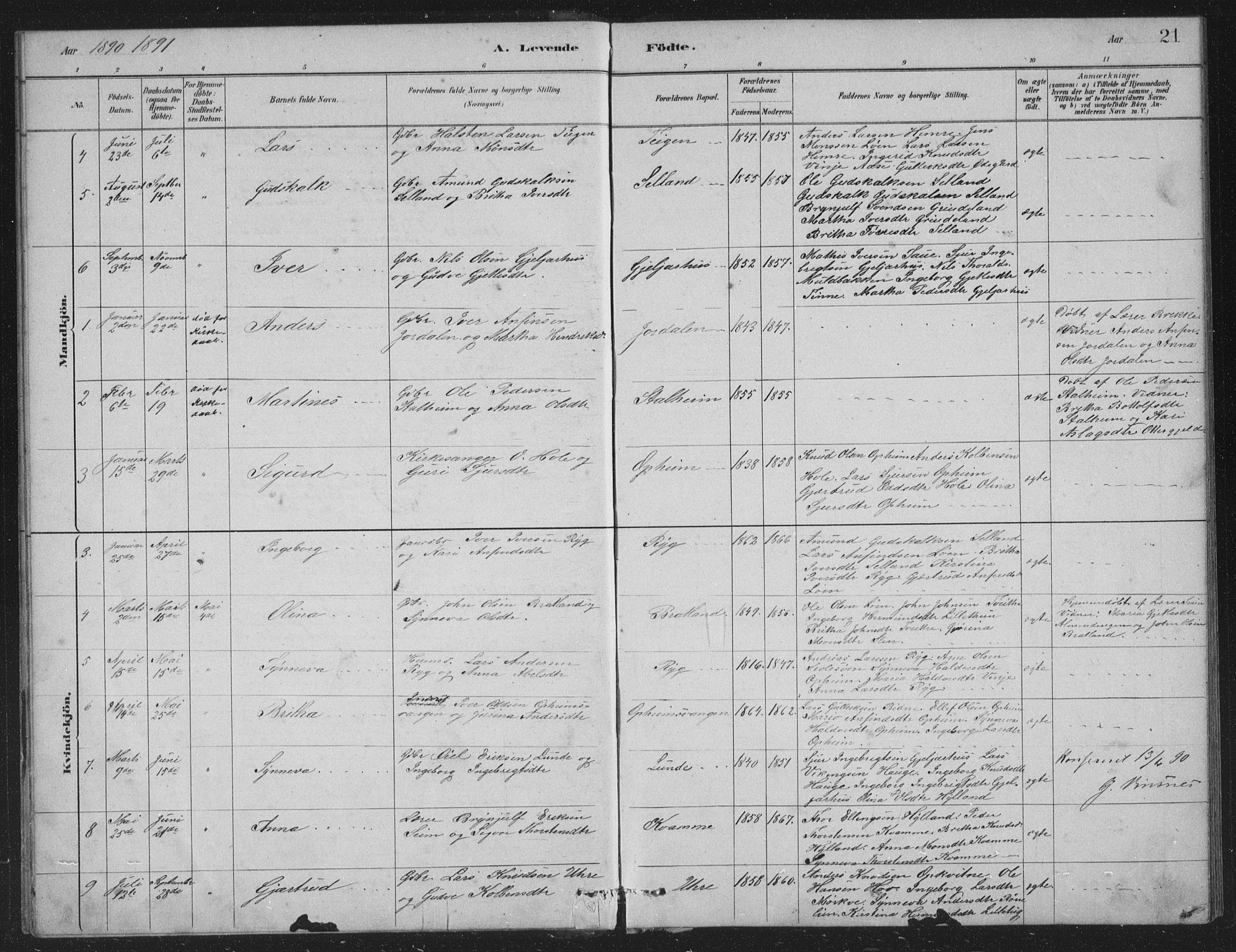 Vossestrand Sokneprestembete, SAB/A-79101/H/Hab: Parish register (copy) no. A 2, 1880-1902, p. 21