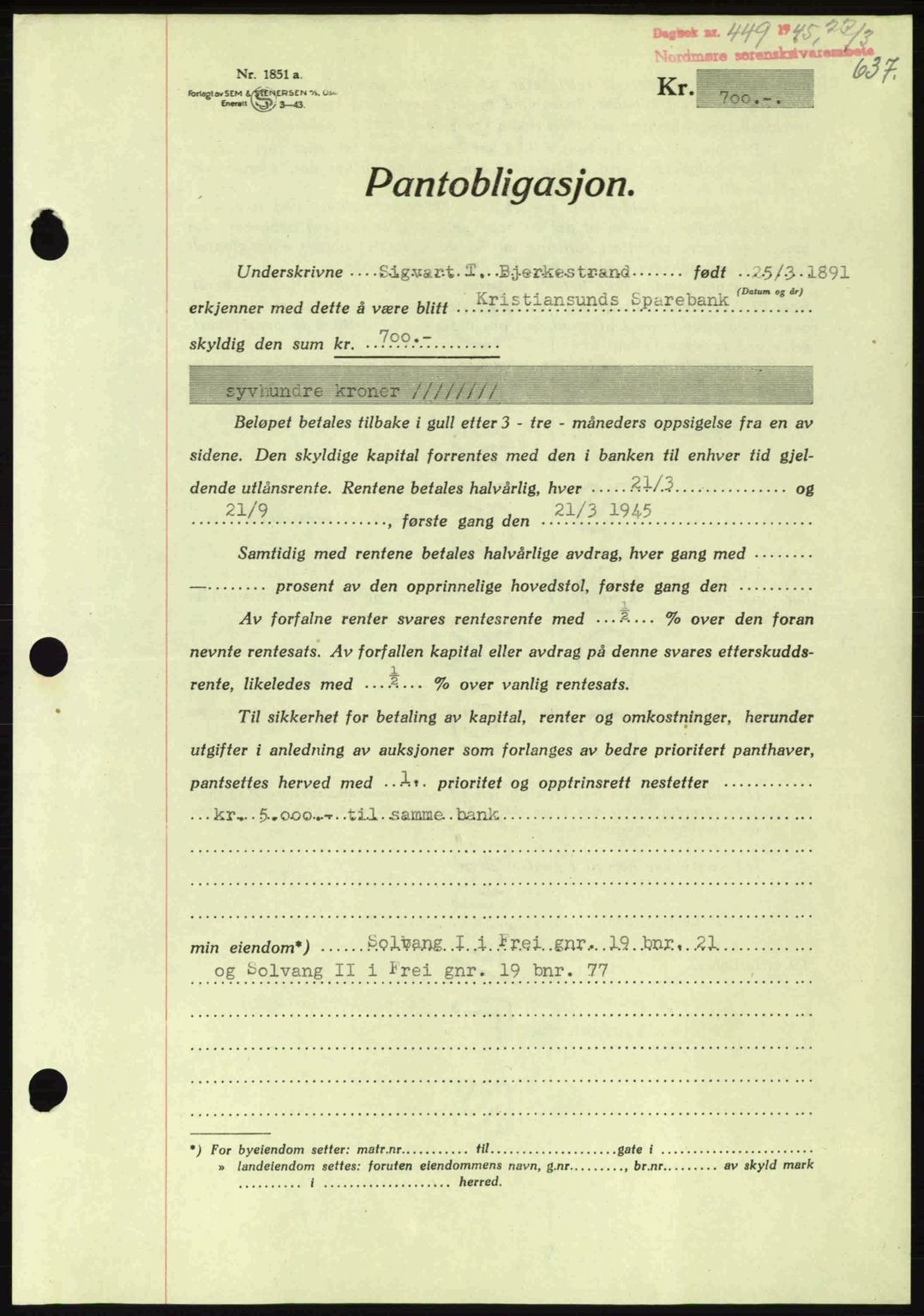 Nordmøre sorenskriveri, AV/SAT-A-4132/1/2/2Ca: Mortgage book no. B92, 1944-1945, Diary no: : 449/1945