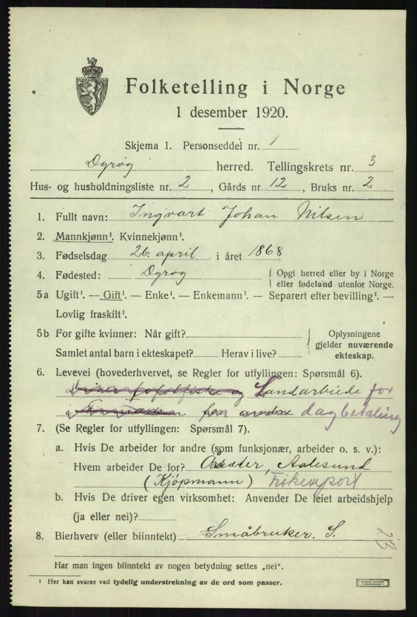 SATØ, 1920 census for Dyrøy, 1920, p. 1665