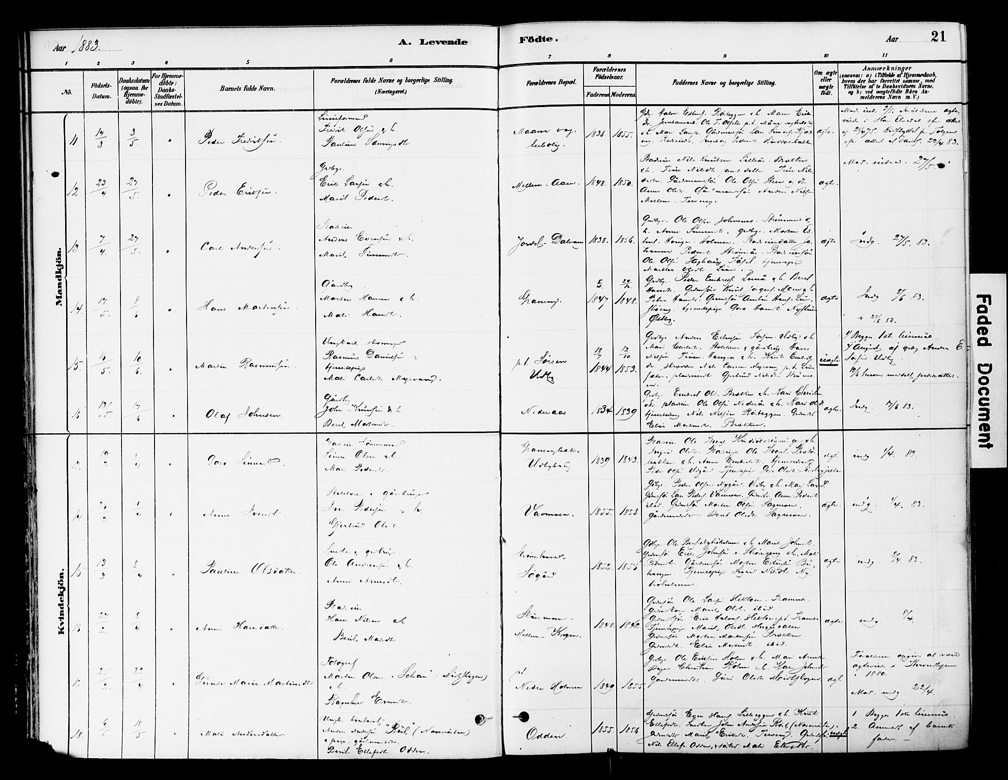 Tynset prestekontor, AV/SAH-PREST-058/H/Ha/Haa/L0022: Parish register (official) no. 22, 1880-1899, p. 21