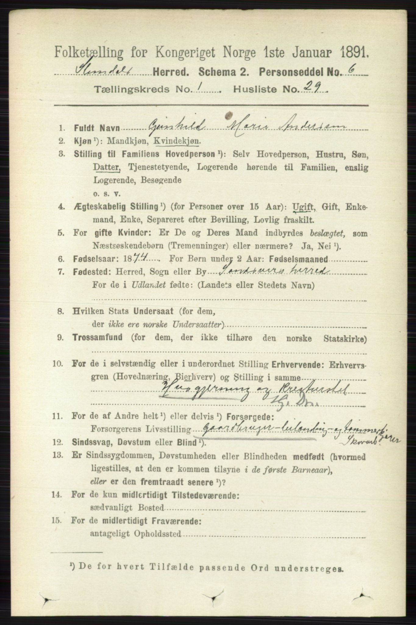 RA, 1891 census for 0811 Slemdal, 1891, p. 226