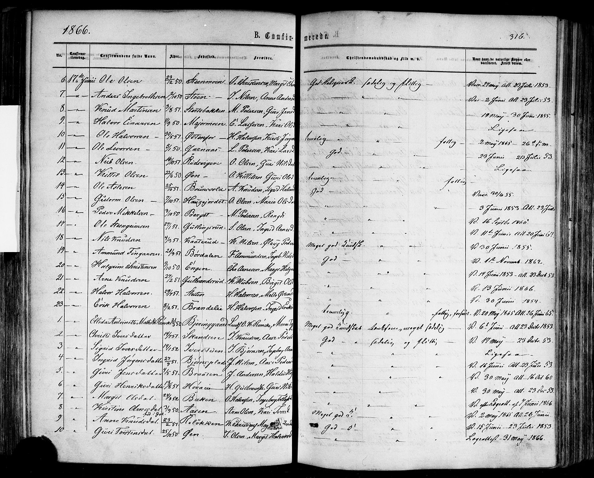 Nes kirkebøker, AV/SAKO-A-236/F/Fa/L0010: Parish register (official) no. 10, 1864-1880, p. 316