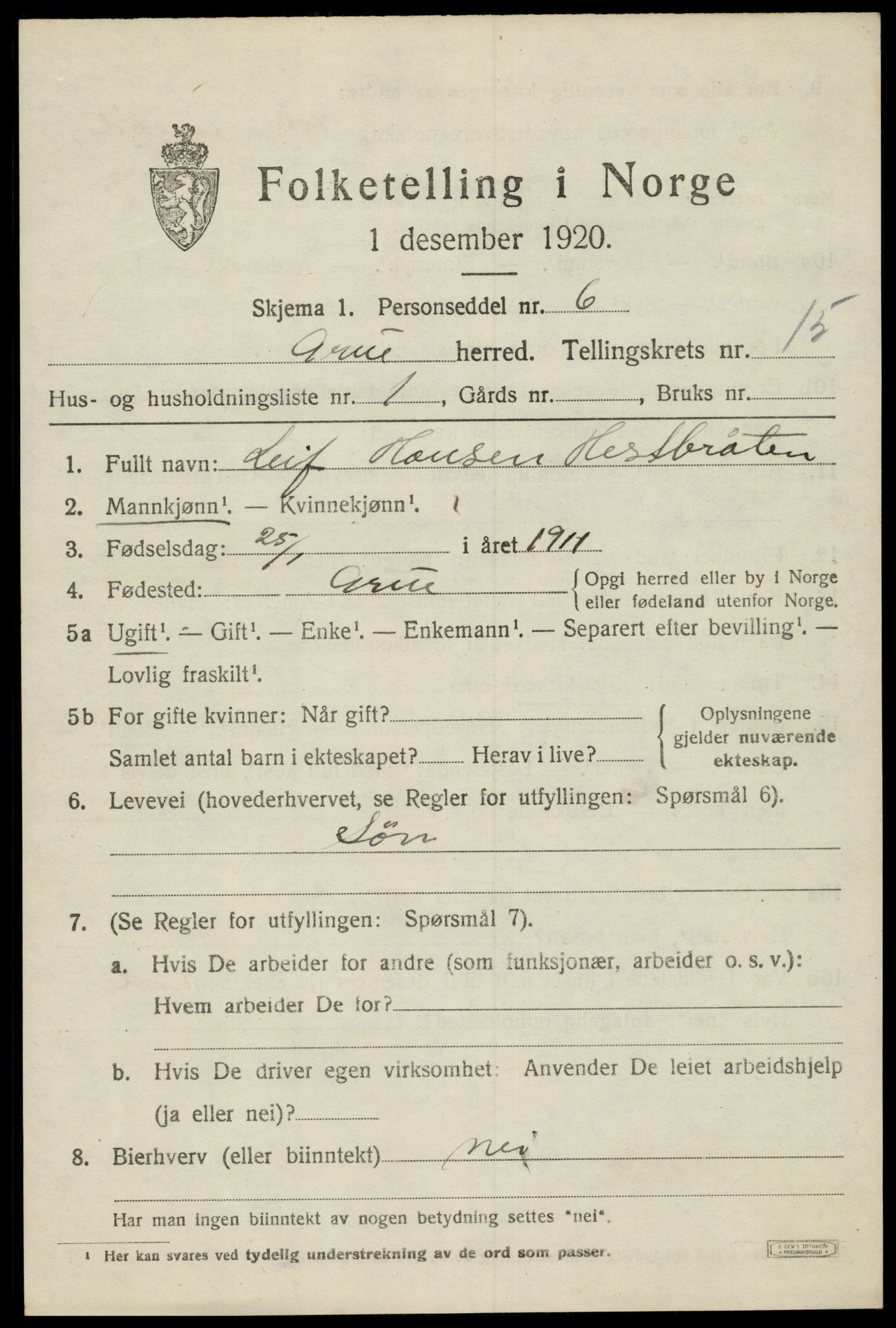 SAH, 1920 census for Grue, 1920, p. 13285