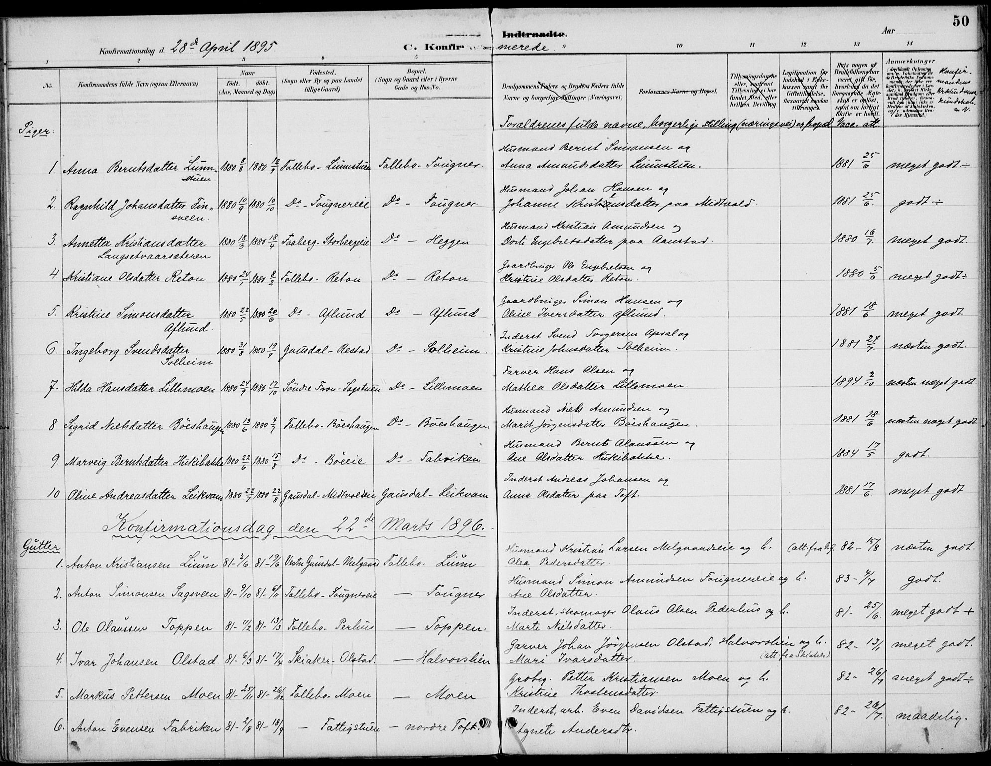 Østre Gausdal prestekontor, SAH/PREST-092/H/Ha/Haa/L0003: Parish register (official) no. 3, 1887-1901, p. 50