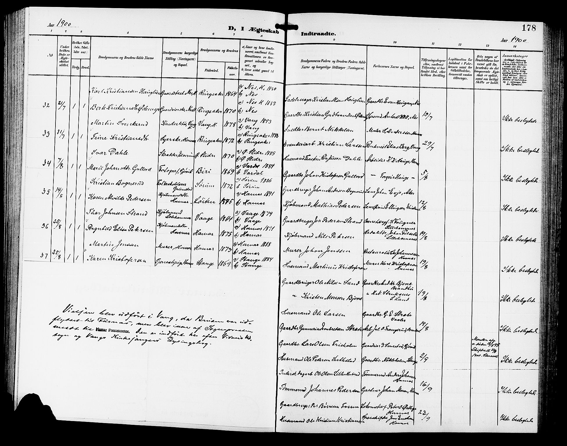 Hamar prestekontor, AV/SAH-DOMPH-002/H/Ha/Hab/L0001: Parish register (copy) no. 1, 1899-1914, p. 178