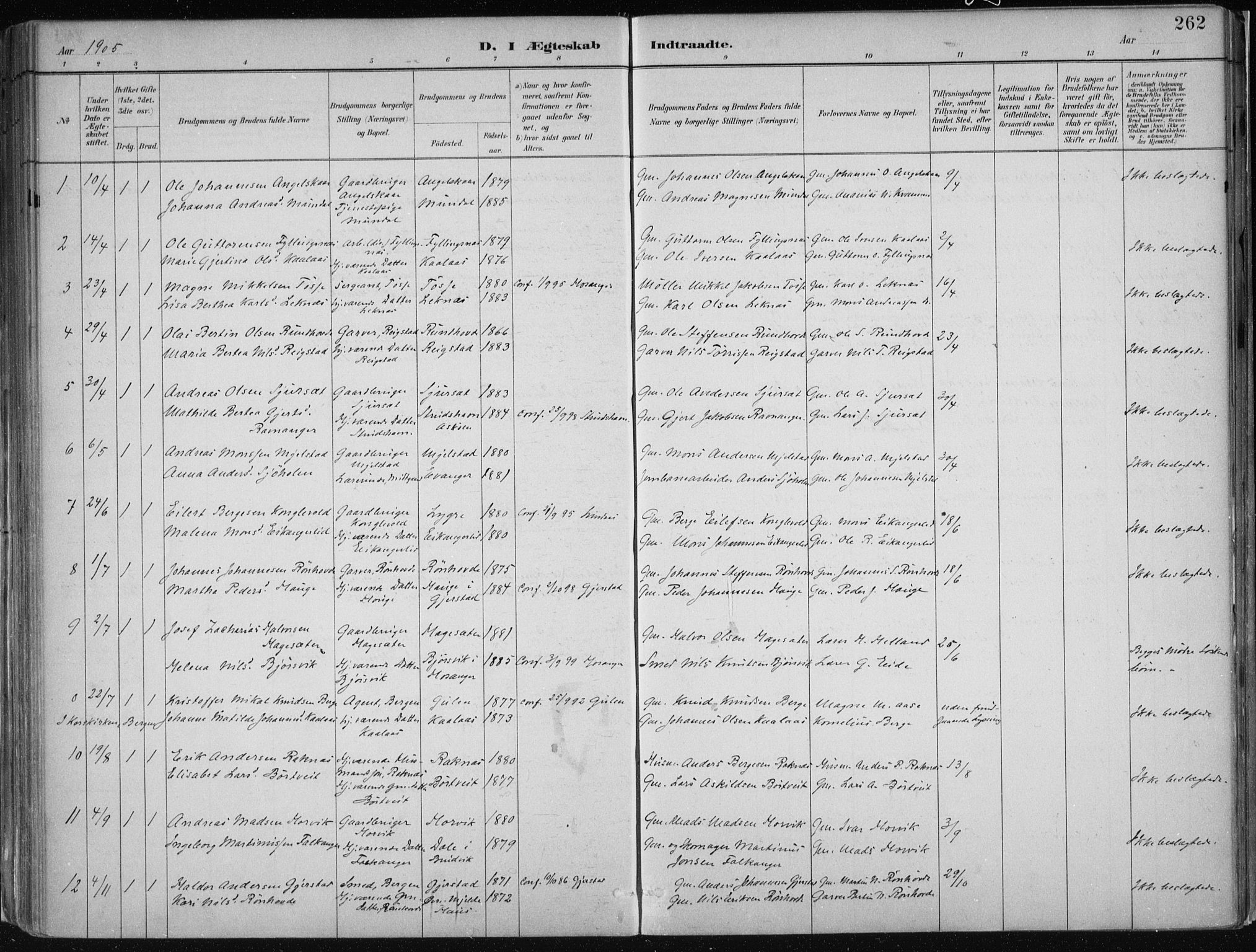 Hamre sokneprestembete, SAB/A-75501/H/Ha/Haa/Haab/L0001: Parish register (official) no. B  1, 1882-1905, p. 262