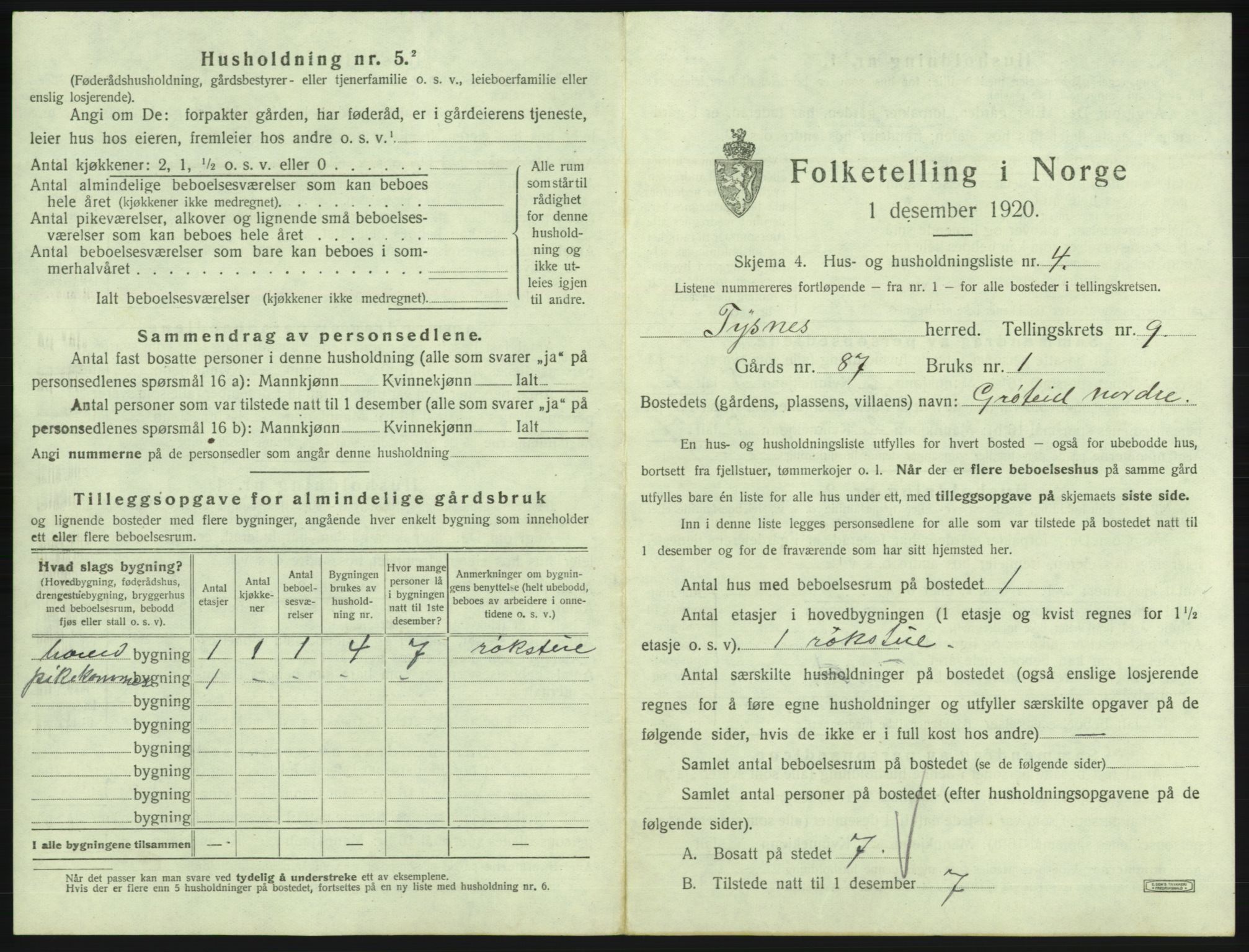 SAB, 1920 census for Tysnes, 1920, p. 820