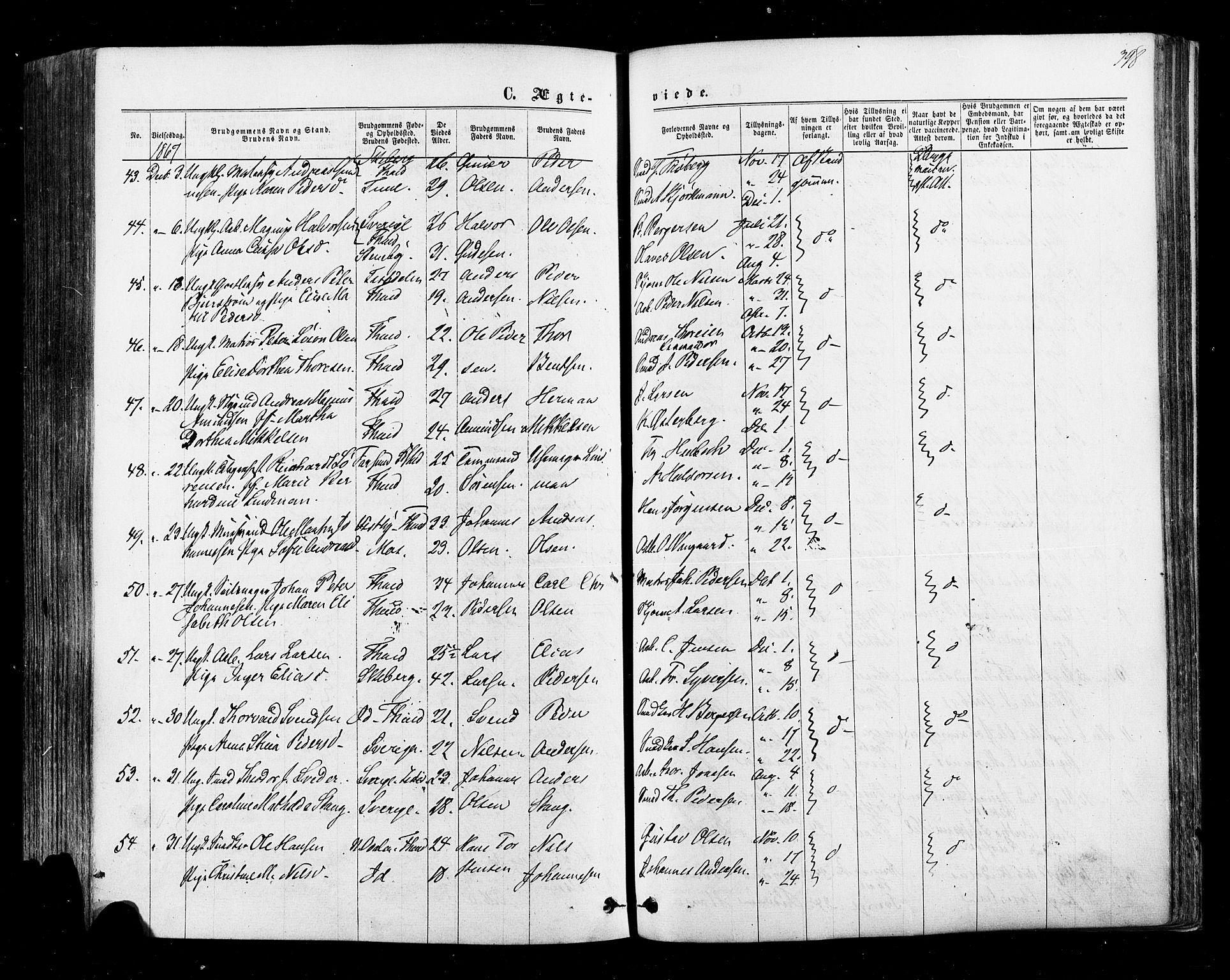 Halden prestekontor Kirkebøker, SAO/A-10909/F/Fa/L0009: Parish register (official) no. I 9, 1866-1877, p. 398