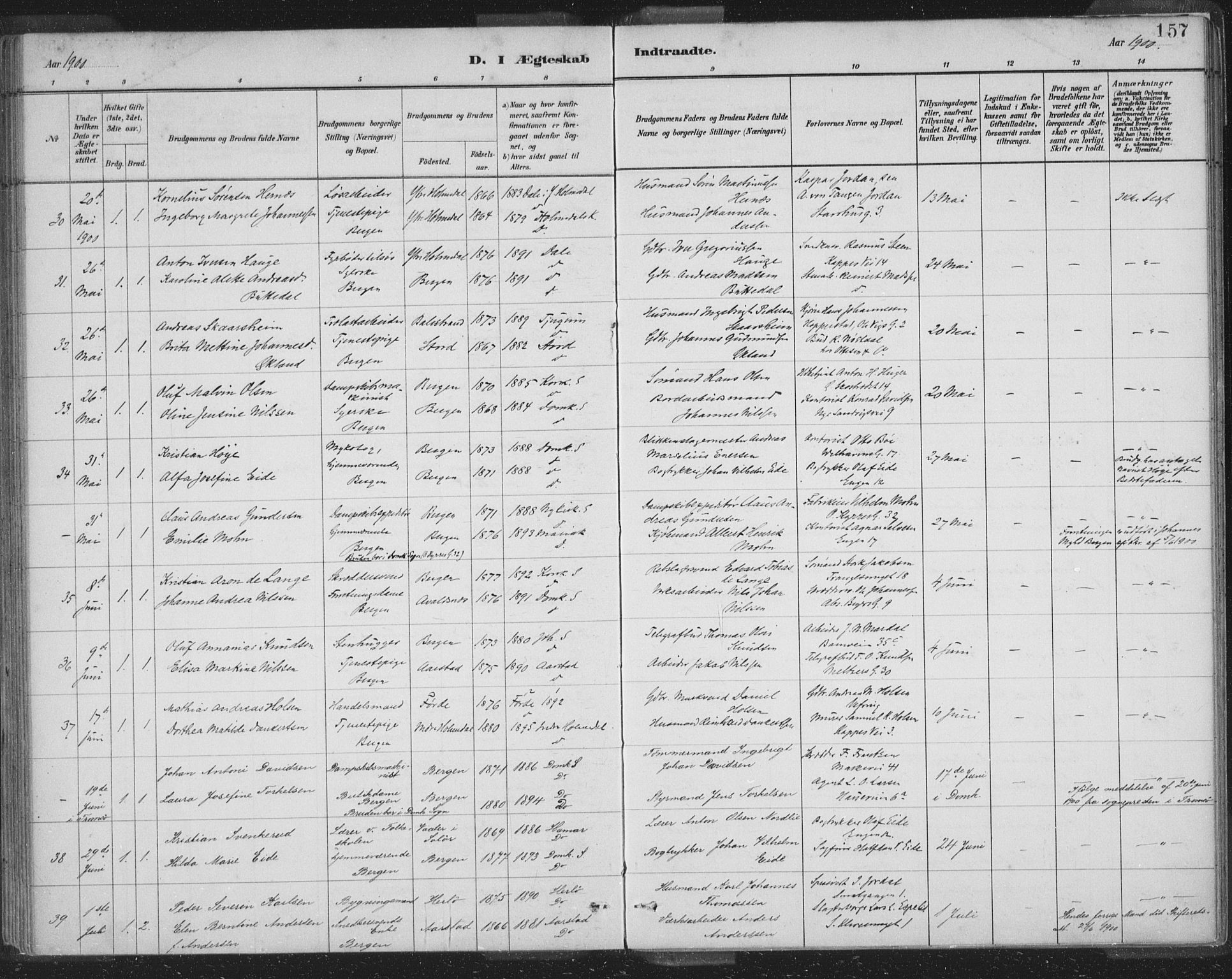 Domkirken sokneprestembete, AV/SAB-A-74801/H/Hab/L0032: Parish register (copy) no. D 4, 1880-1907, p. 157