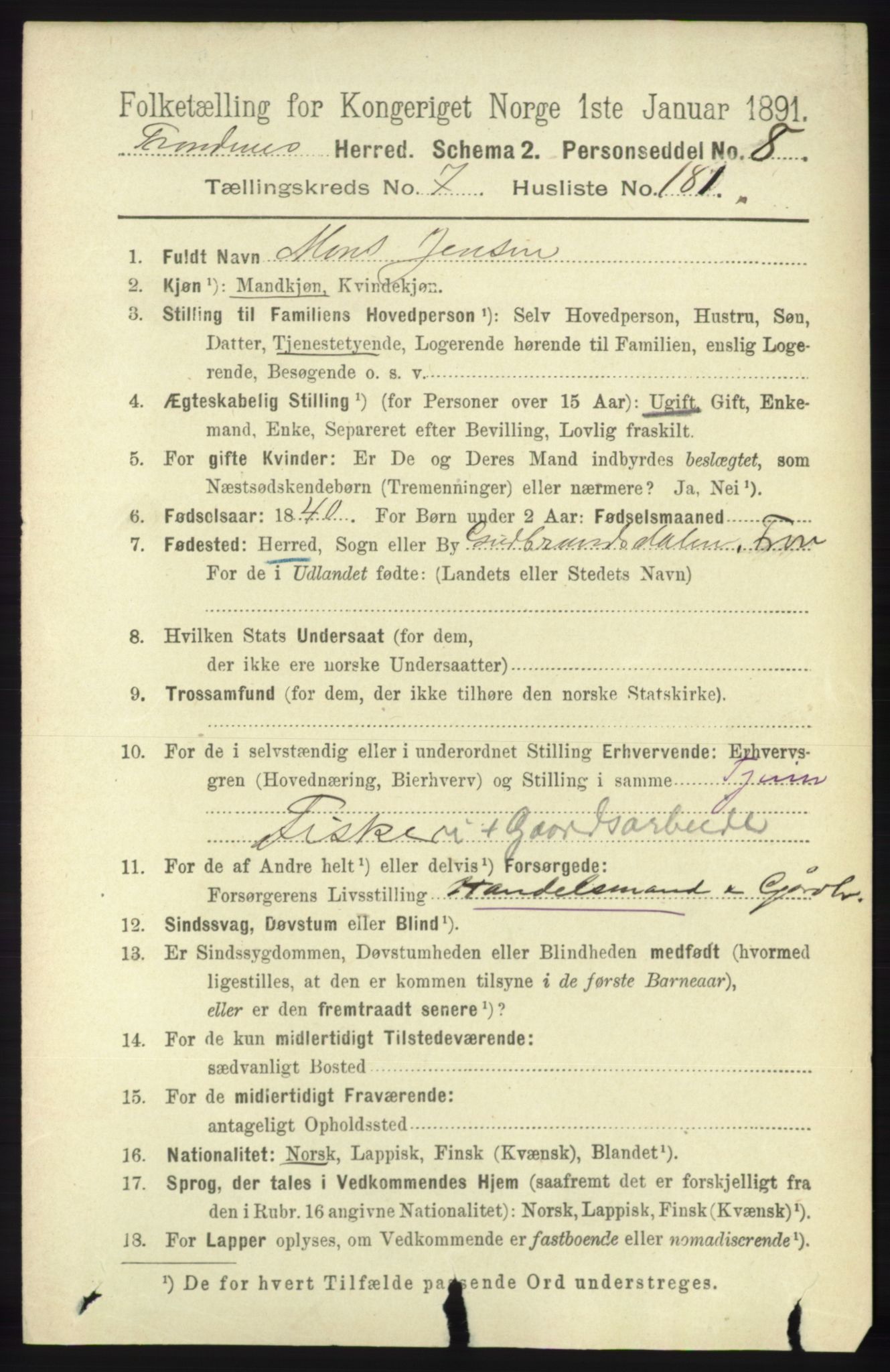 RA, 1891 census for 1914 Trondenes, 1891, p. 5684