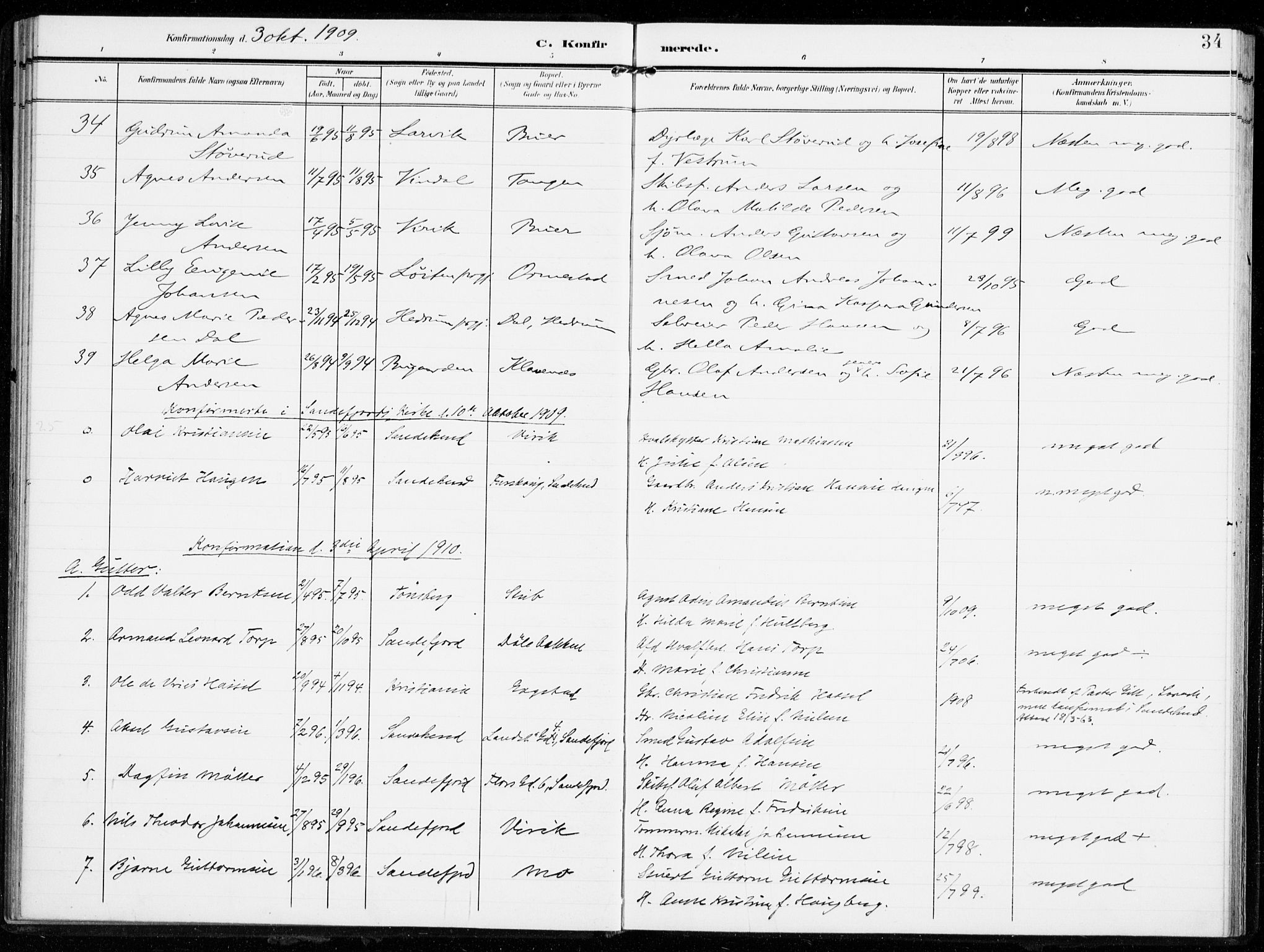 Sandar kirkebøker, SAKO/A-243/F/Fa/L0017: Parish register (official) no. 17, 1907-1917, p. 34