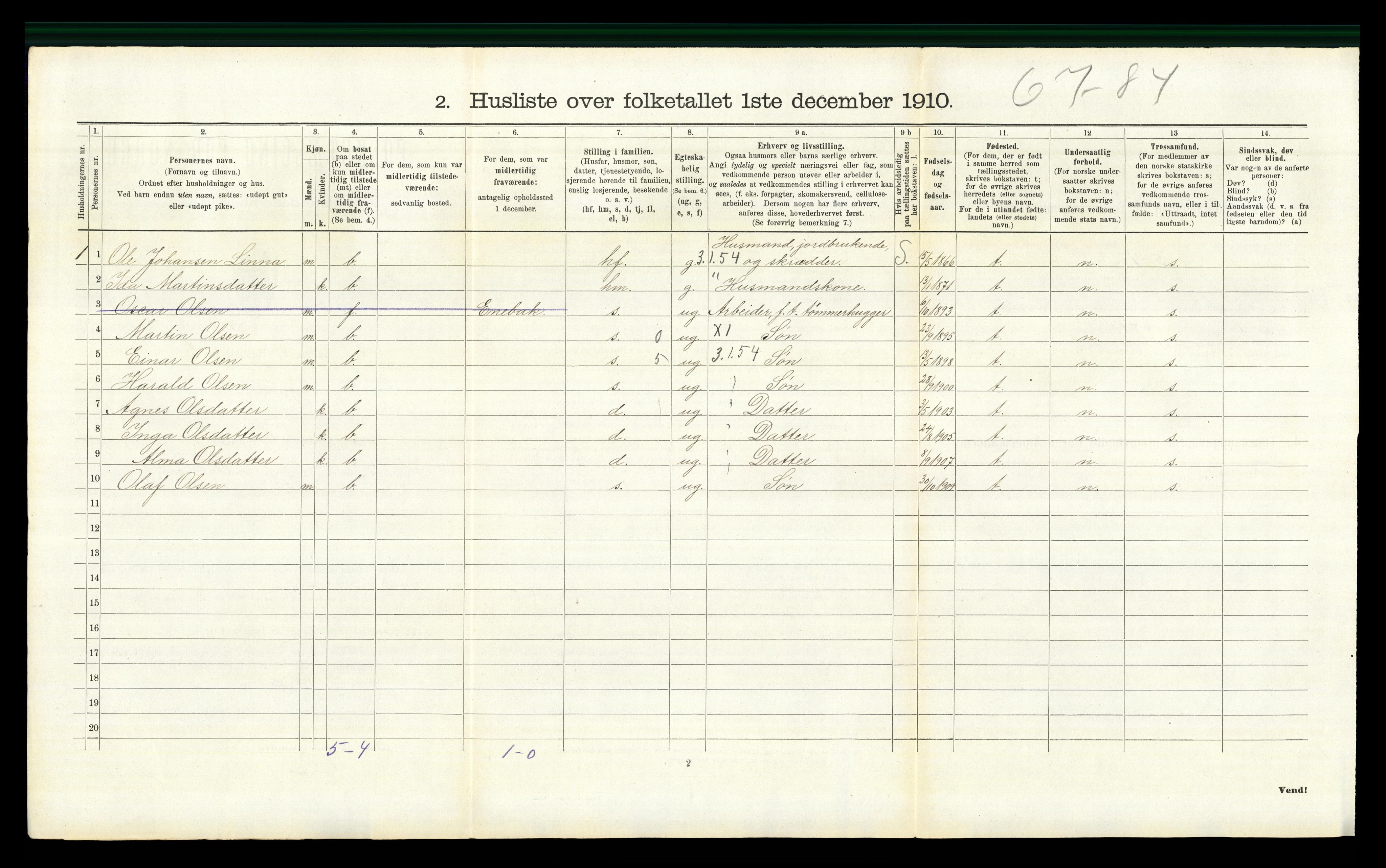 RA, 1910 census for Vinger, 1910, p. 1510