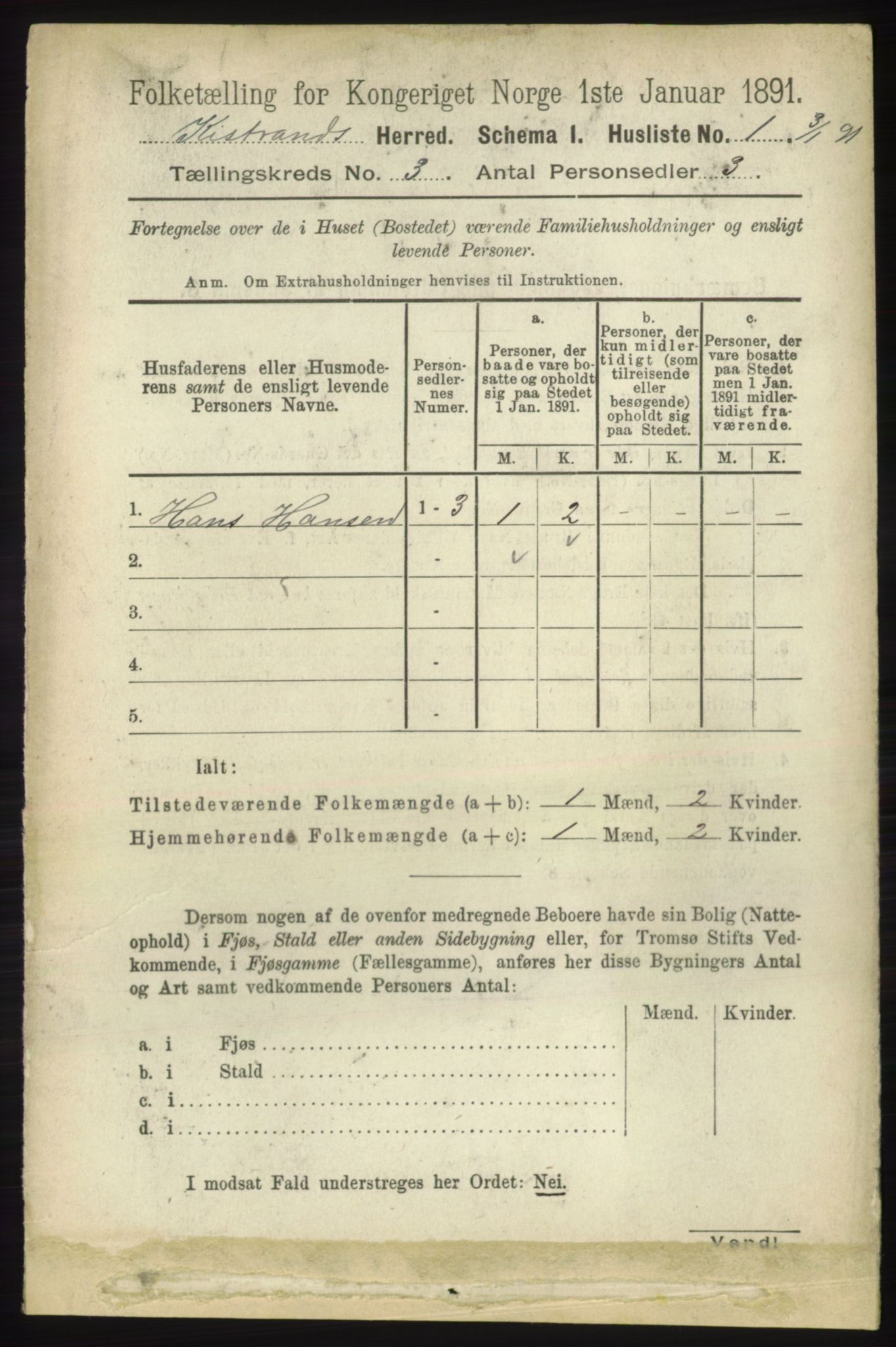 RA, 1891 census for 2020 Kistrand, 1891, p. 1170