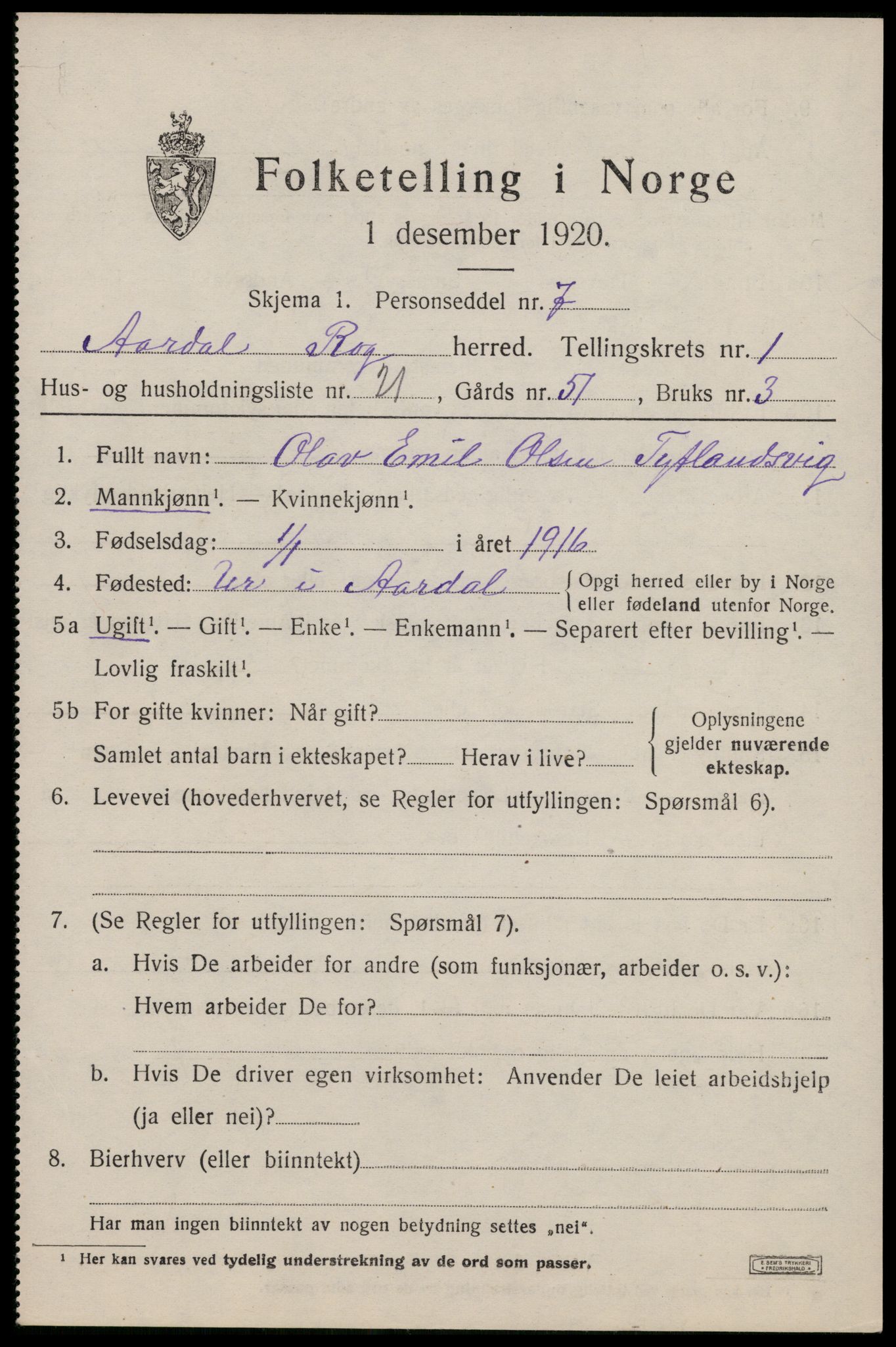 SAST, 1920 census for Årdal, 1920, p. 590