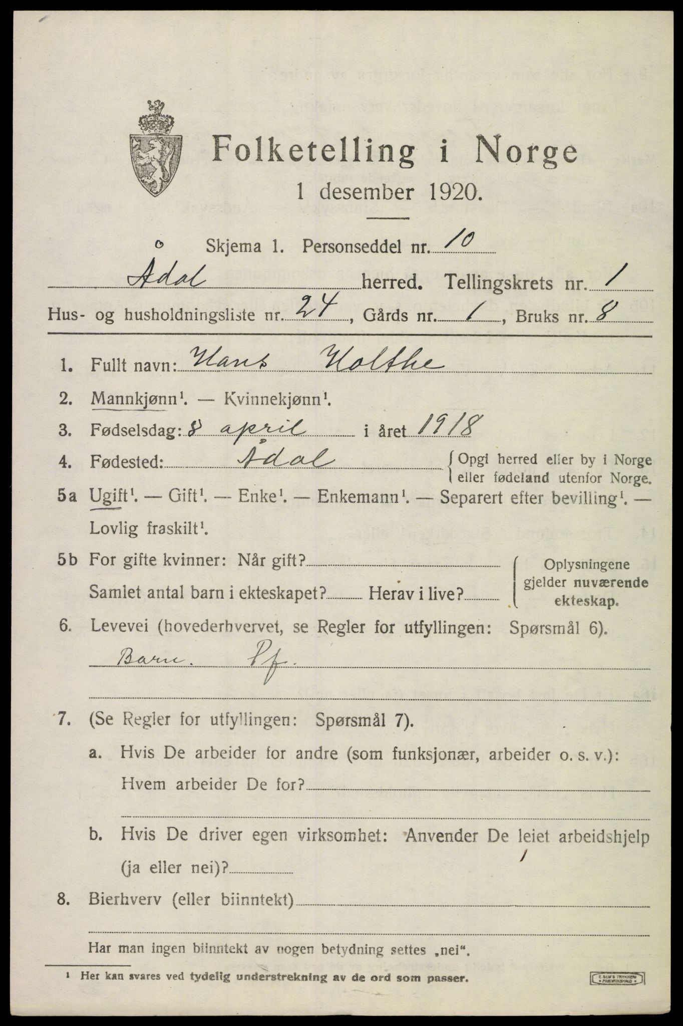 SAKO, 1920 census for Ådal, 1920, p. 1604