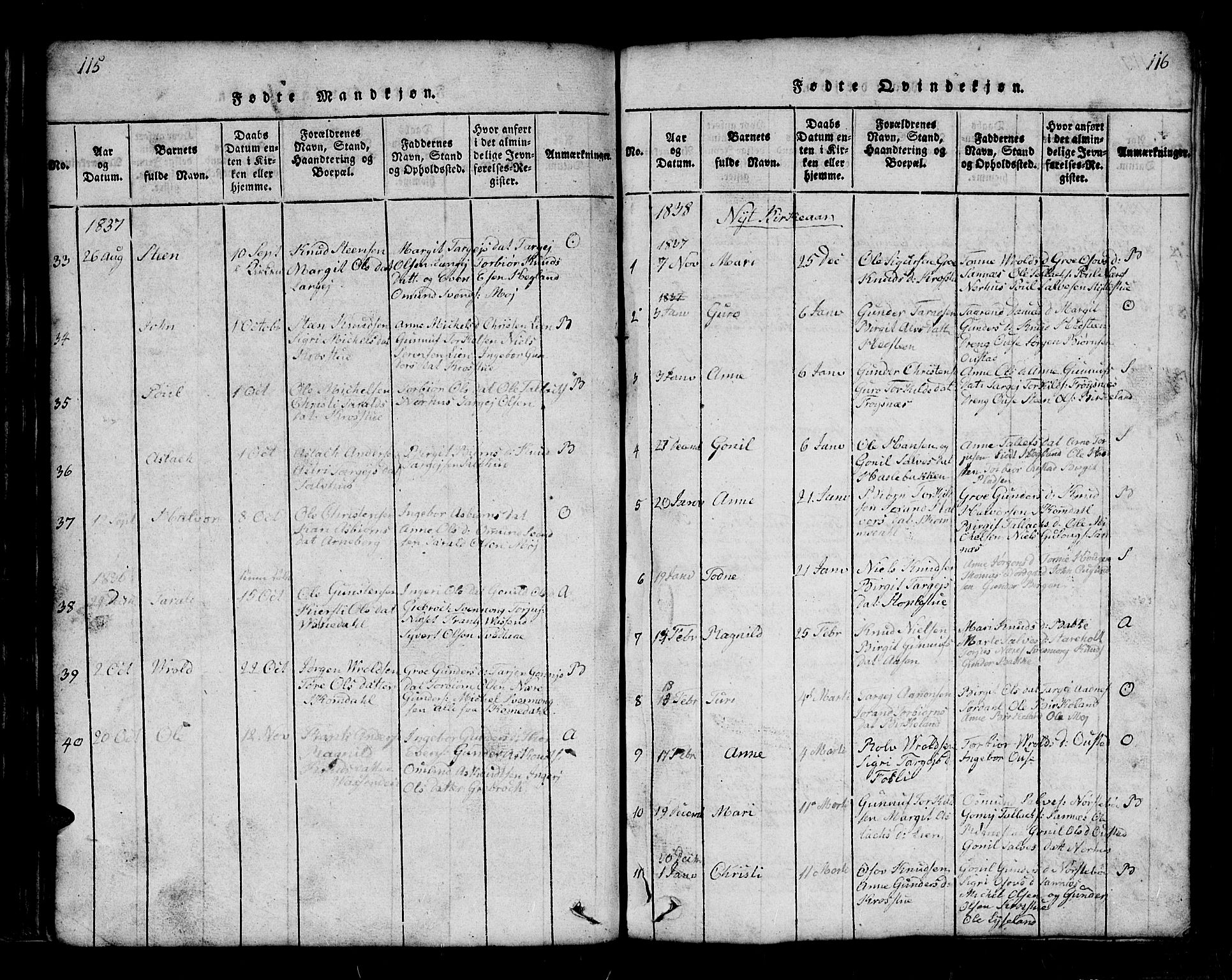 Bygland sokneprestkontor, SAK/1111-0006/F/Fb/Fbb/L0001: Parish register (copy) no. B 1, 1816-1843, p. 116-117