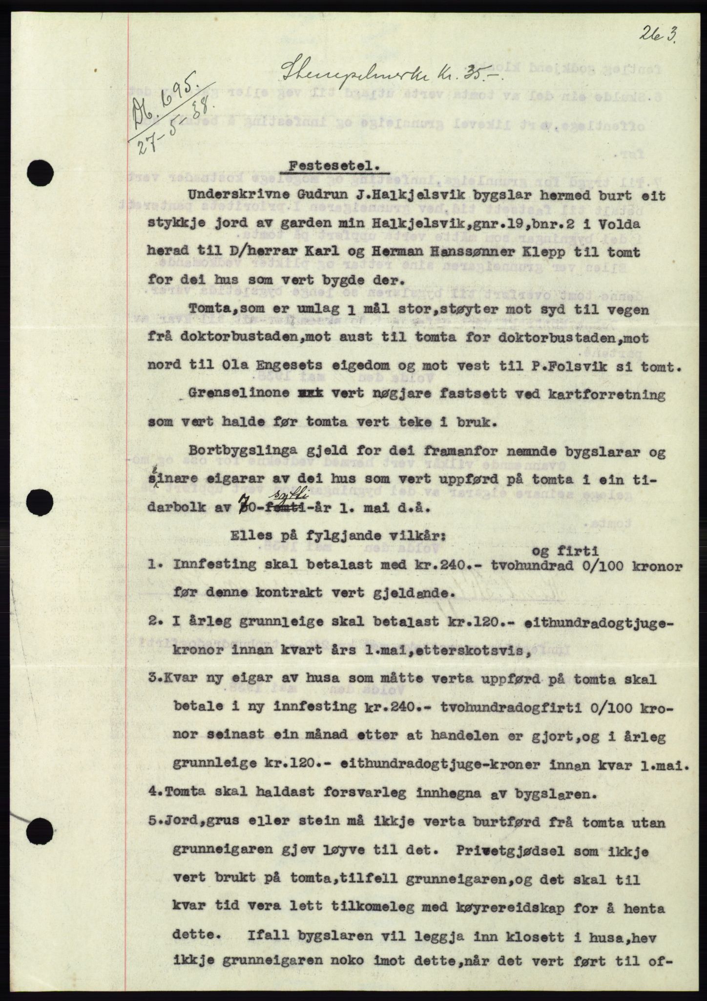 Søre Sunnmøre sorenskriveri, AV/SAT-A-4122/1/2/2C/L0065: Mortgage book no. 59, 1938-1938, Diary no: : 695/1938