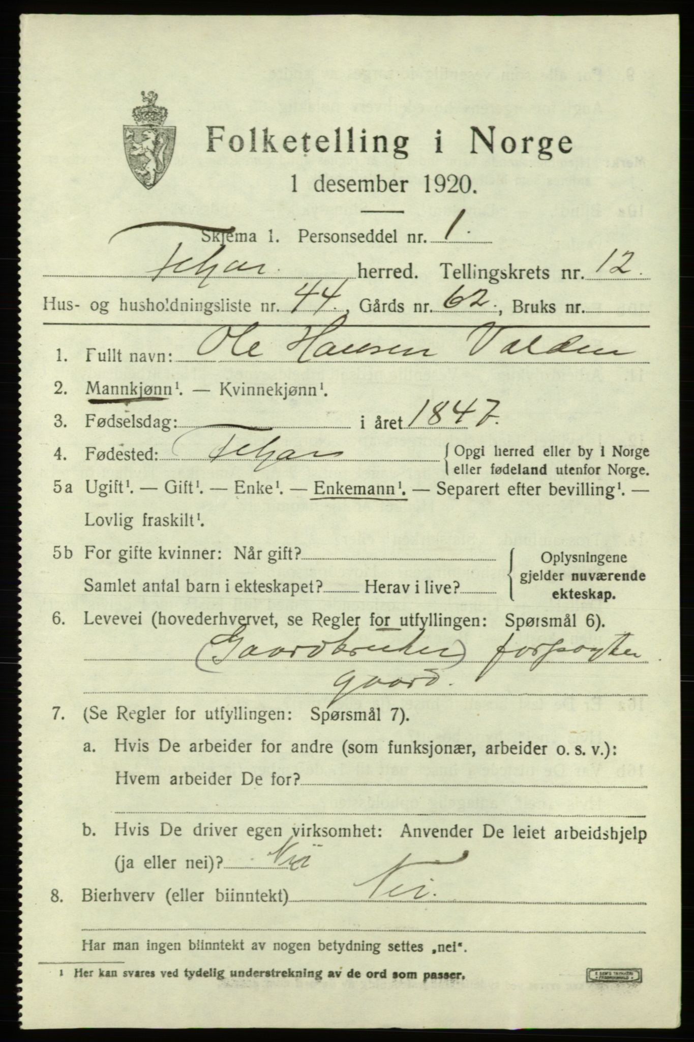 SAB, 1920 census for Fitjar, 1920, p. 5070