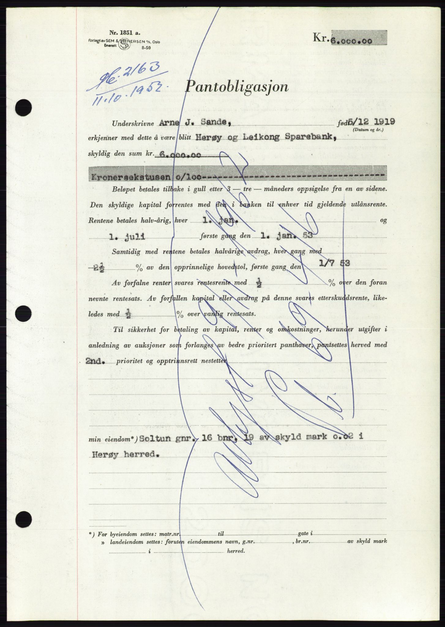 Søre Sunnmøre sorenskriveri, AV/SAT-A-4122/1/2/2C/L0122: Mortgage book no. 10B, 1952-1953, Diary no: : 2163/1952