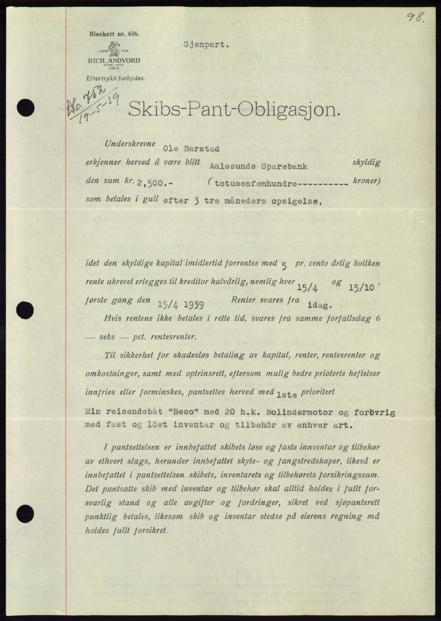 Søre Sunnmøre sorenskriveri, AV/SAT-A-4122/1/2/2C/L0068: Mortgage book no. 62, 1939-1939, Diary no: : 752/1939