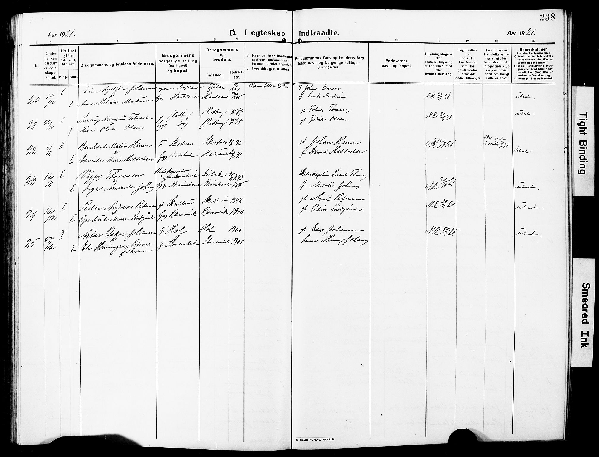 Ministerialprotokoller, klokkerbøker og fødselsregistre - Nordland, AV/SAT-A-1459/881/L1169: Parish register (copy) no. 881C06, 1912-1930, p. 238