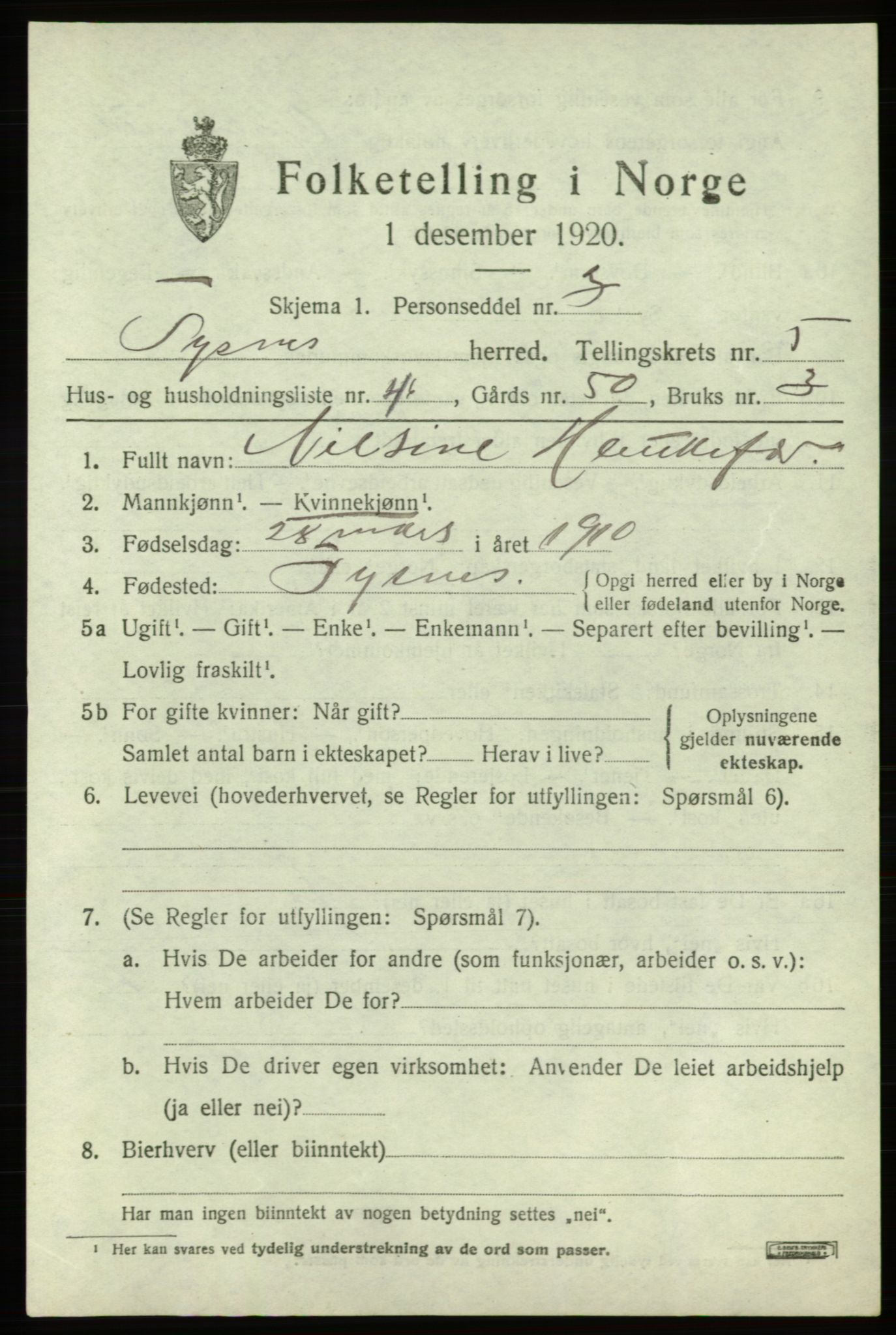 SAB, 1920 census for Tysnes, 1920, p. 4356