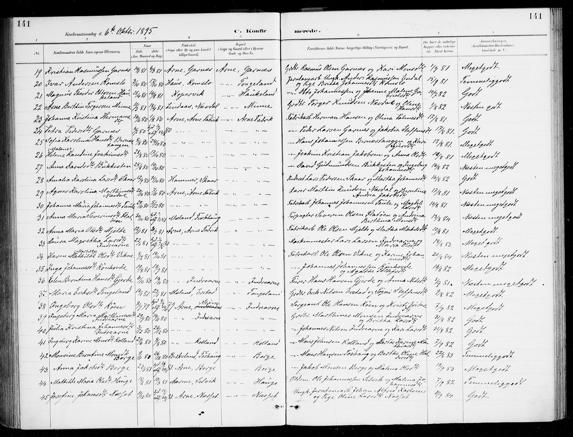 Haus sokneprestembete, AV/SAB-A-75601/H/Haa/Haad/L0001: Parish register (official) no. D 1, 1887-1898, p. 141