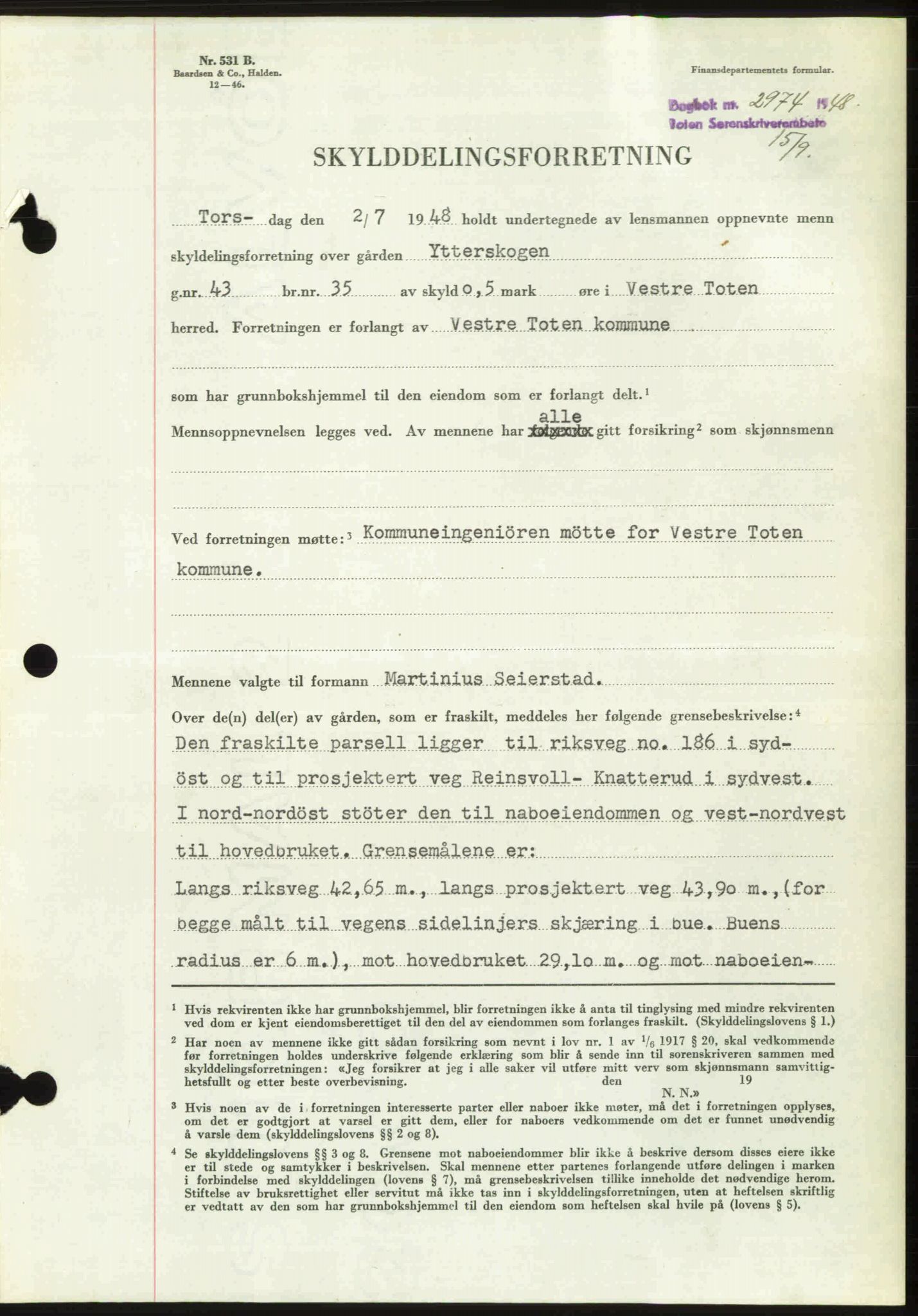 Toten tingrett, SAH/TING-006/H/Hb/Hbc/L0020: Mortgage book no. Hbc-20, 1948-1948, Diary no: : 2974/1948
