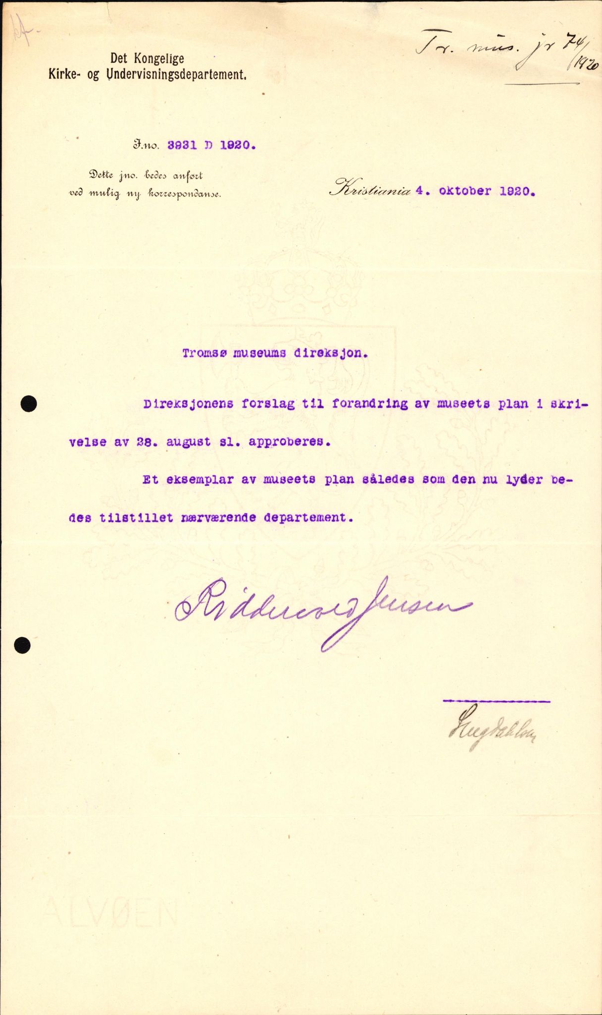 Tromsø Museum, AV/SATØ-S-0162/D/Da/L0030: Journalsaker og innkomne brev, 1906-1920, p. 468