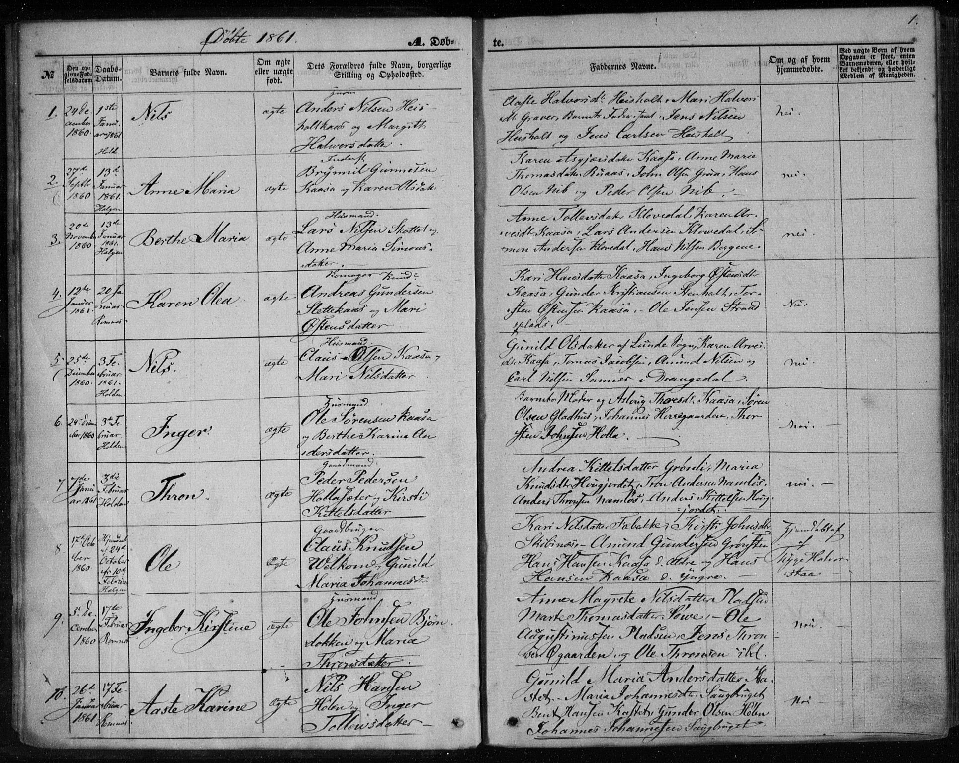 Holla kirkebøker, SAKO/A-272/F/Fa/L0006: Parish register (official) no. 6, 1861-1869, p. 1
