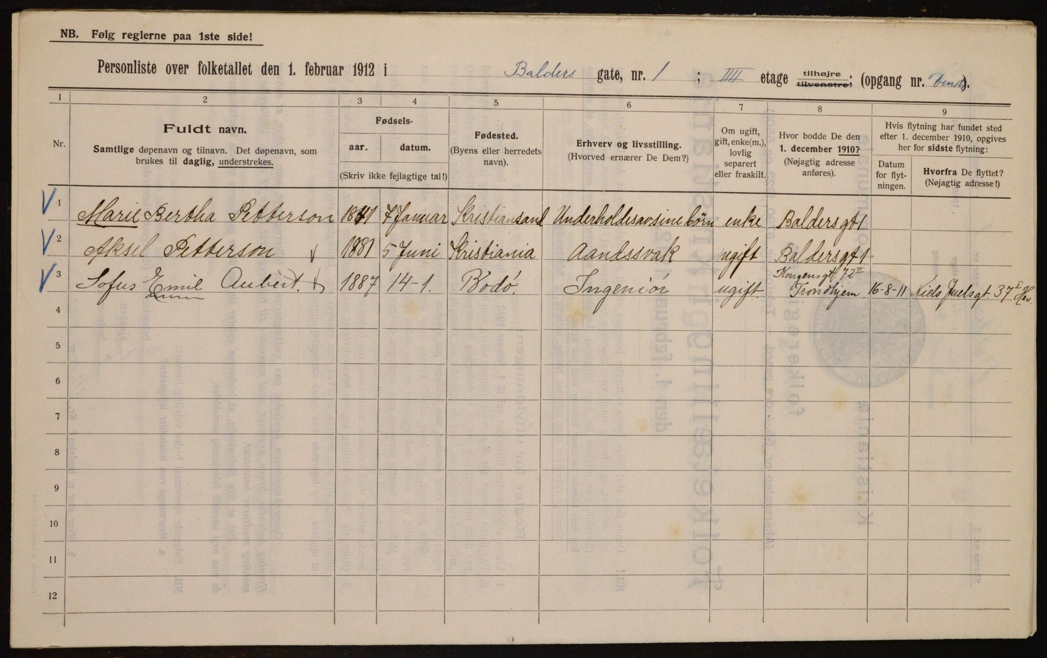 OBA, Municipal Census 1912 for Kristiania, 1912, p. 2937