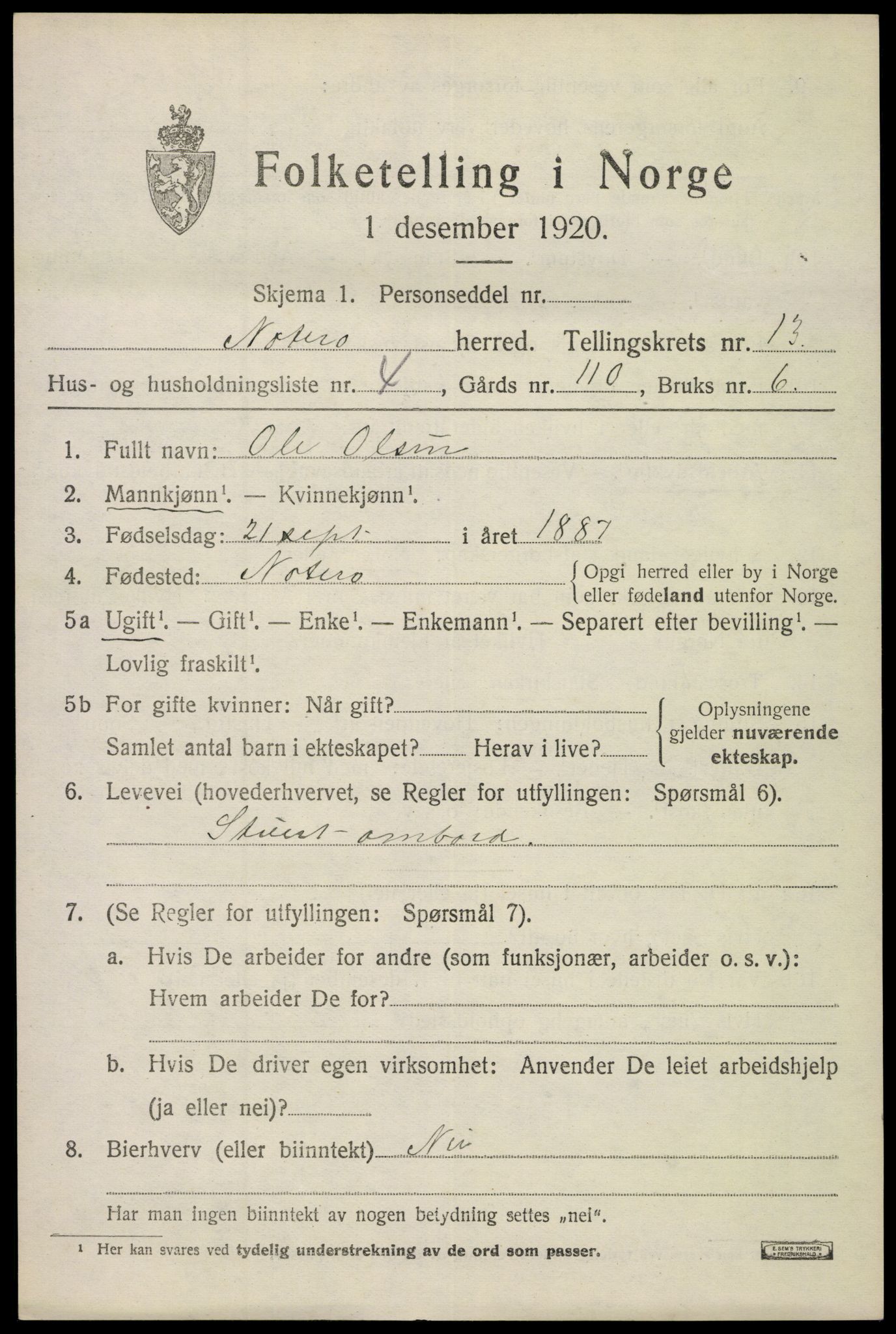 SAKO, 1920 census for Nøtterøy, 1920, p. 15201