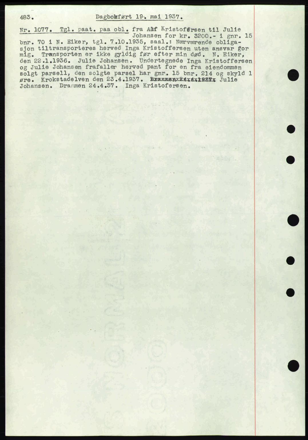 Eiker, Modum og Sigdal sorenskriveri, SAKO/A-123/G/Ga/Gab/L0035: Mortgage book no. A5, 1937-1937, Diary no: : 1077/1937