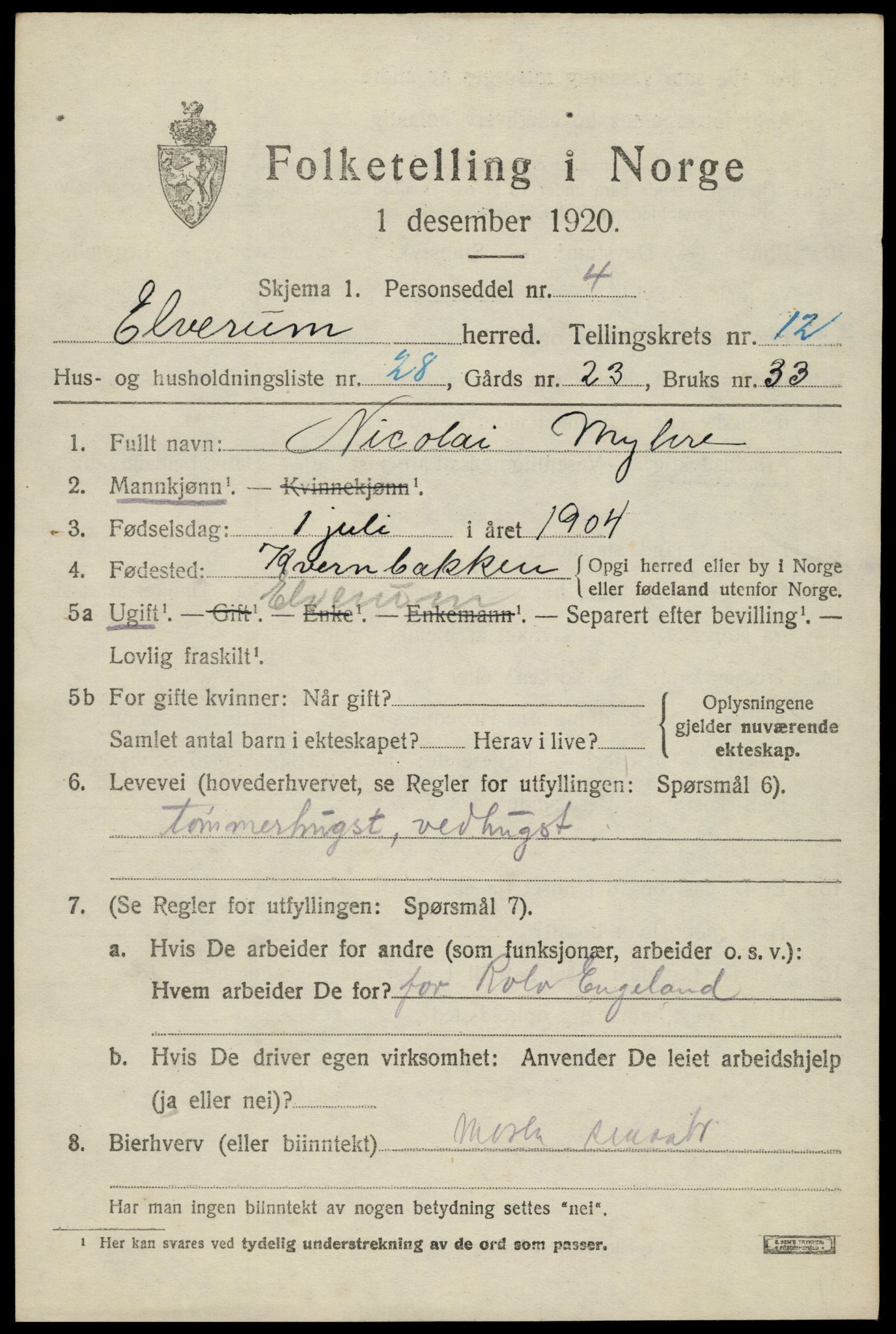 SAH, 1920 census for Elverum, 1920, p. 17250