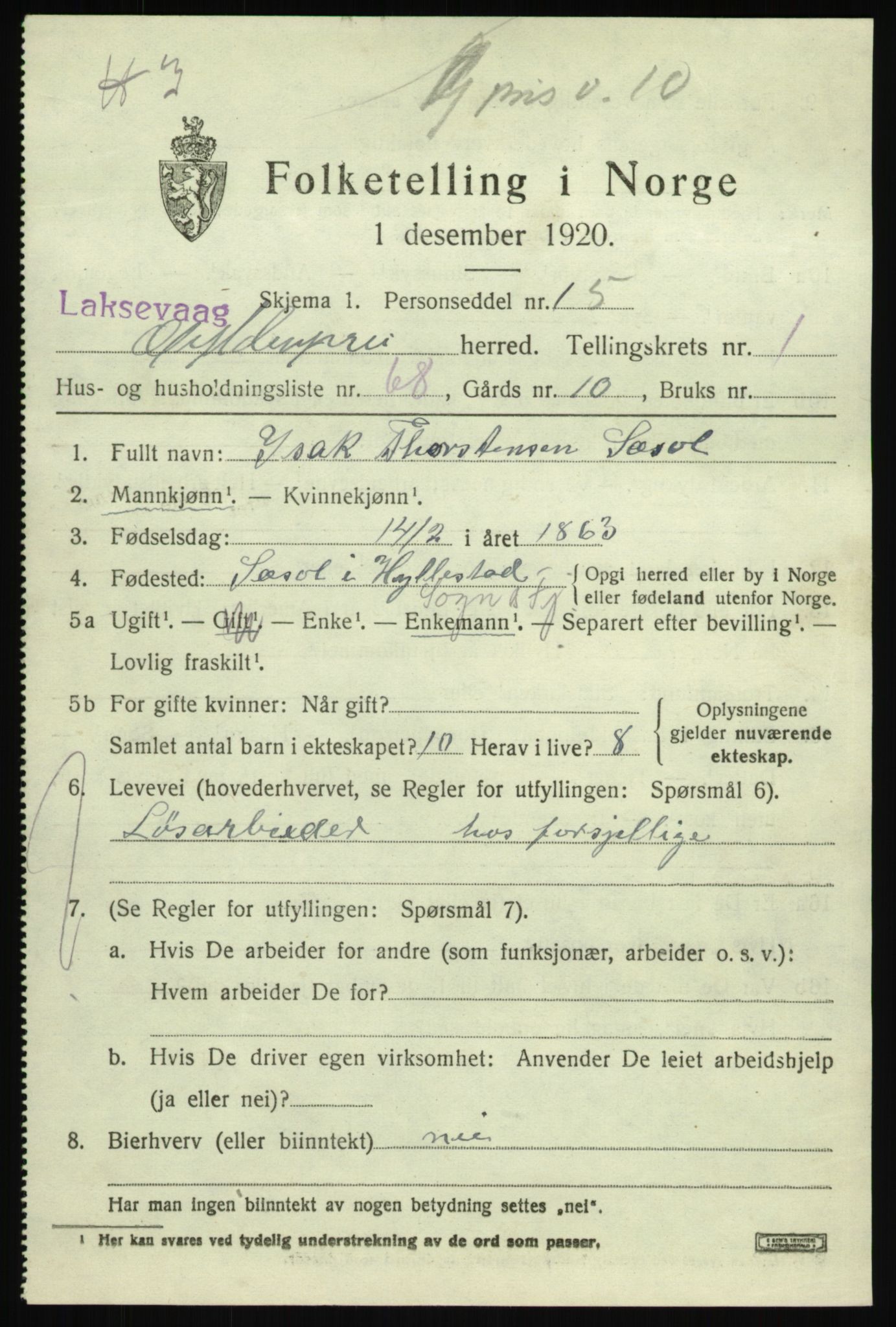 SAB, 1920 census for Laksevåg, 1920, p. 4720