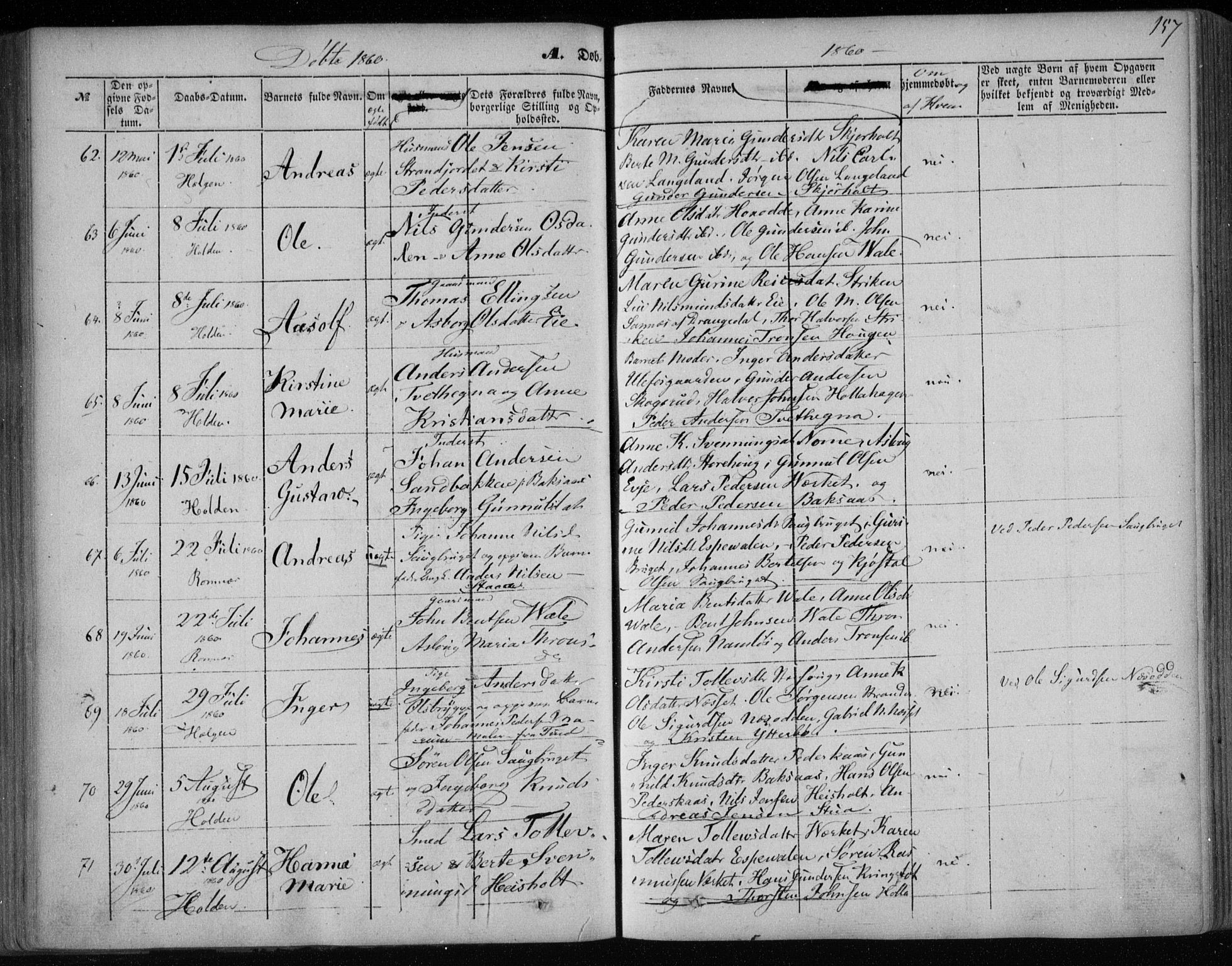 Holla kirkebøker, AV/SAKO-A-272/F/Fa/L0005: Parish register (official) no. 5, 1849-1860, p. 157