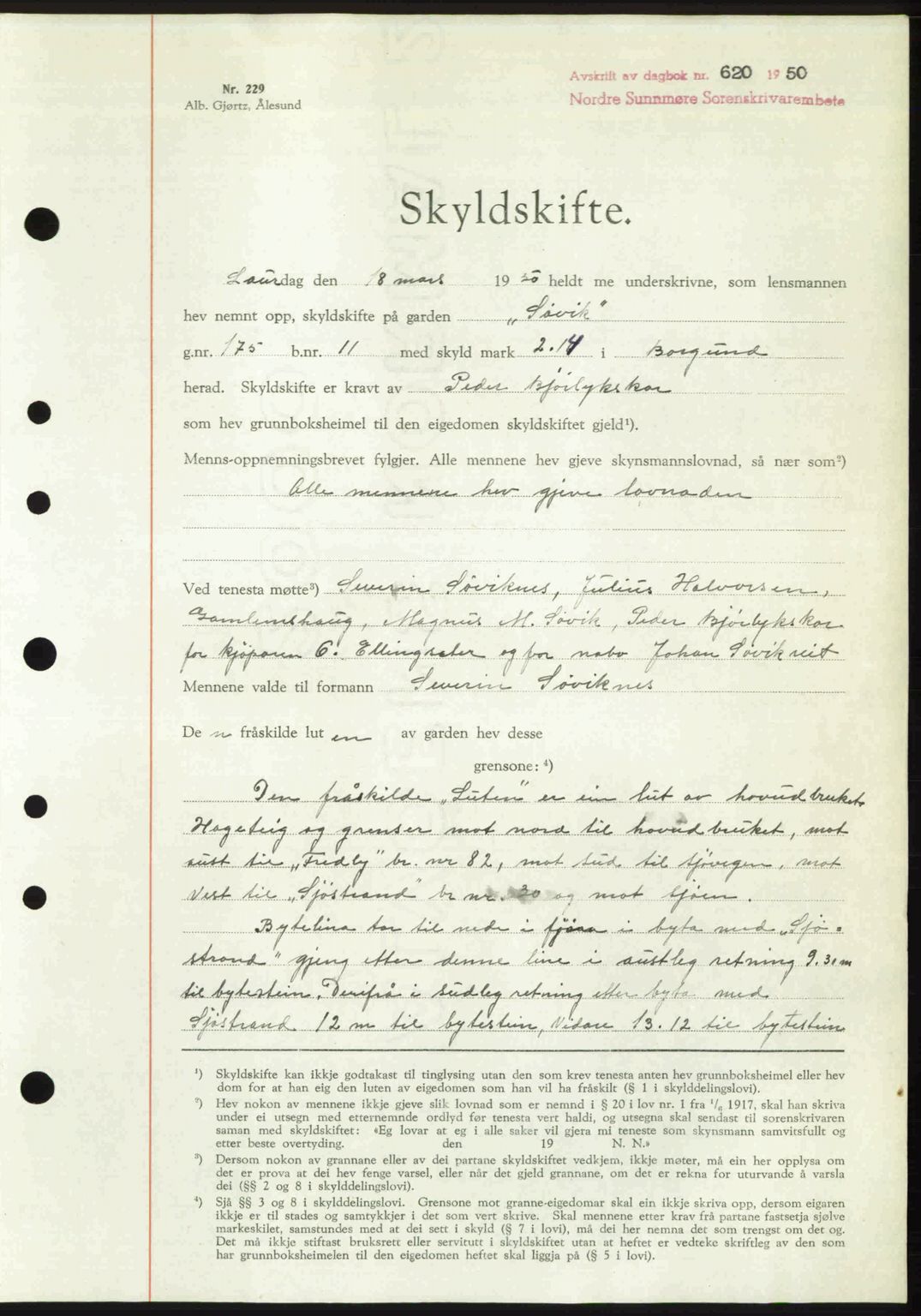 Nordre Sunnmøre sorenskriveri, AV/SAT-A-0006/1/2/2C/2Ca: Mortgage book no. A34, 1950-1950, Diary no: : 620/1950