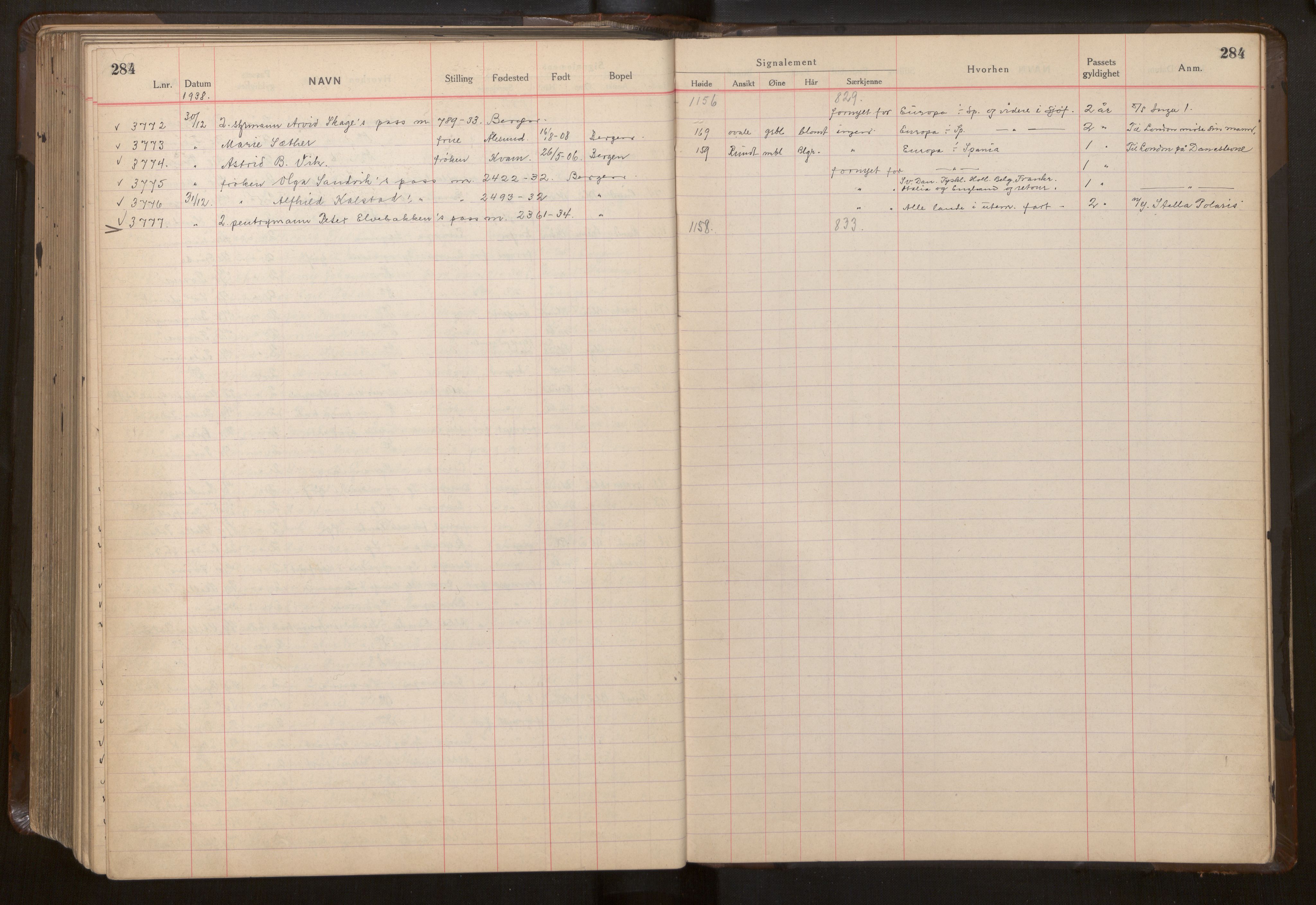 Bergen politikammer / politidistrikt, AV/SAB-A-60401/L/La/Lab/L0014: Passprotokoll, 1936-1938