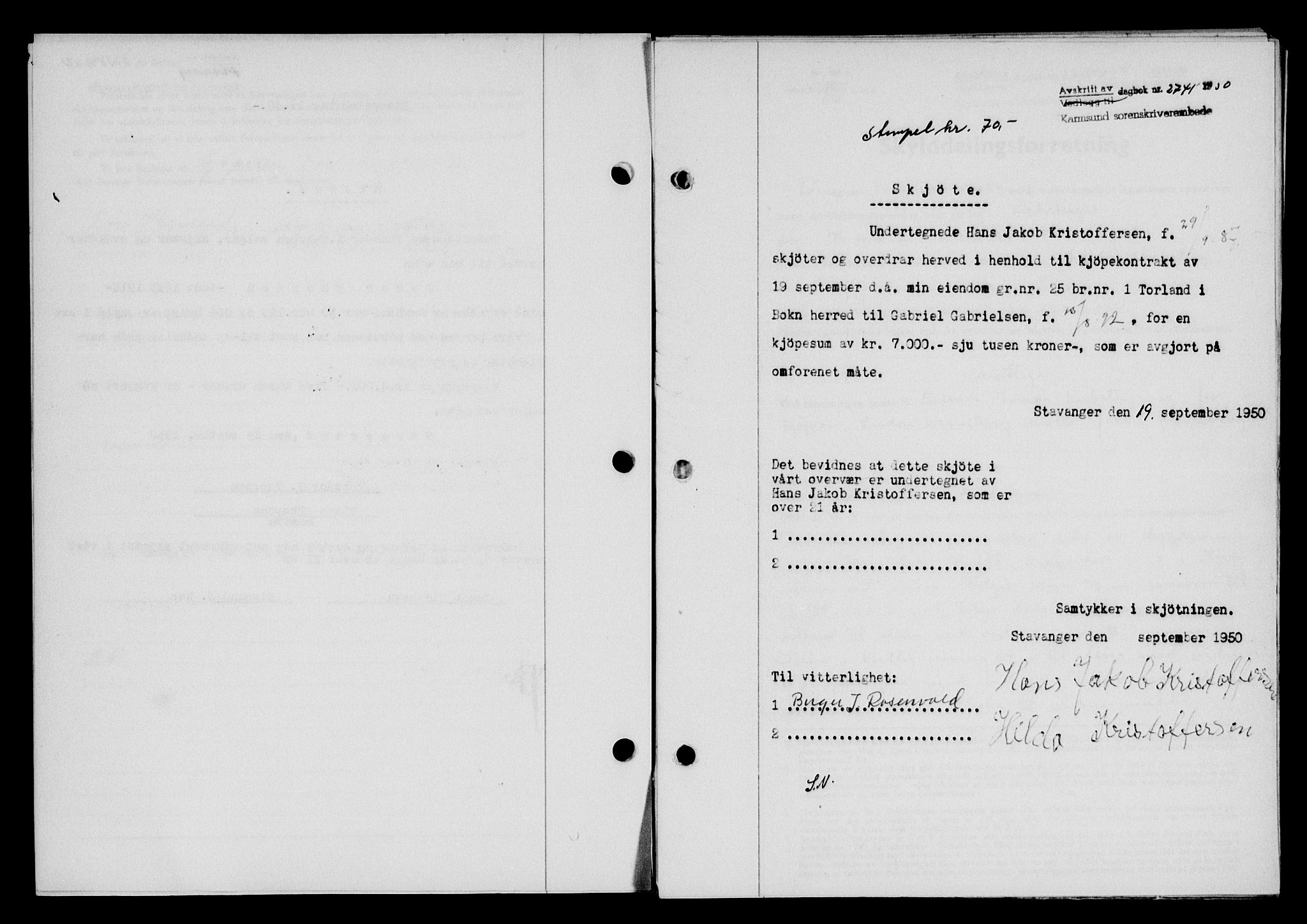 Karmsund sorenskriveri, SAST/A-100311/01/II/IIB/L0101: Mortgage book no. 81A, 1950-1951, Diary no: : 2741/1950