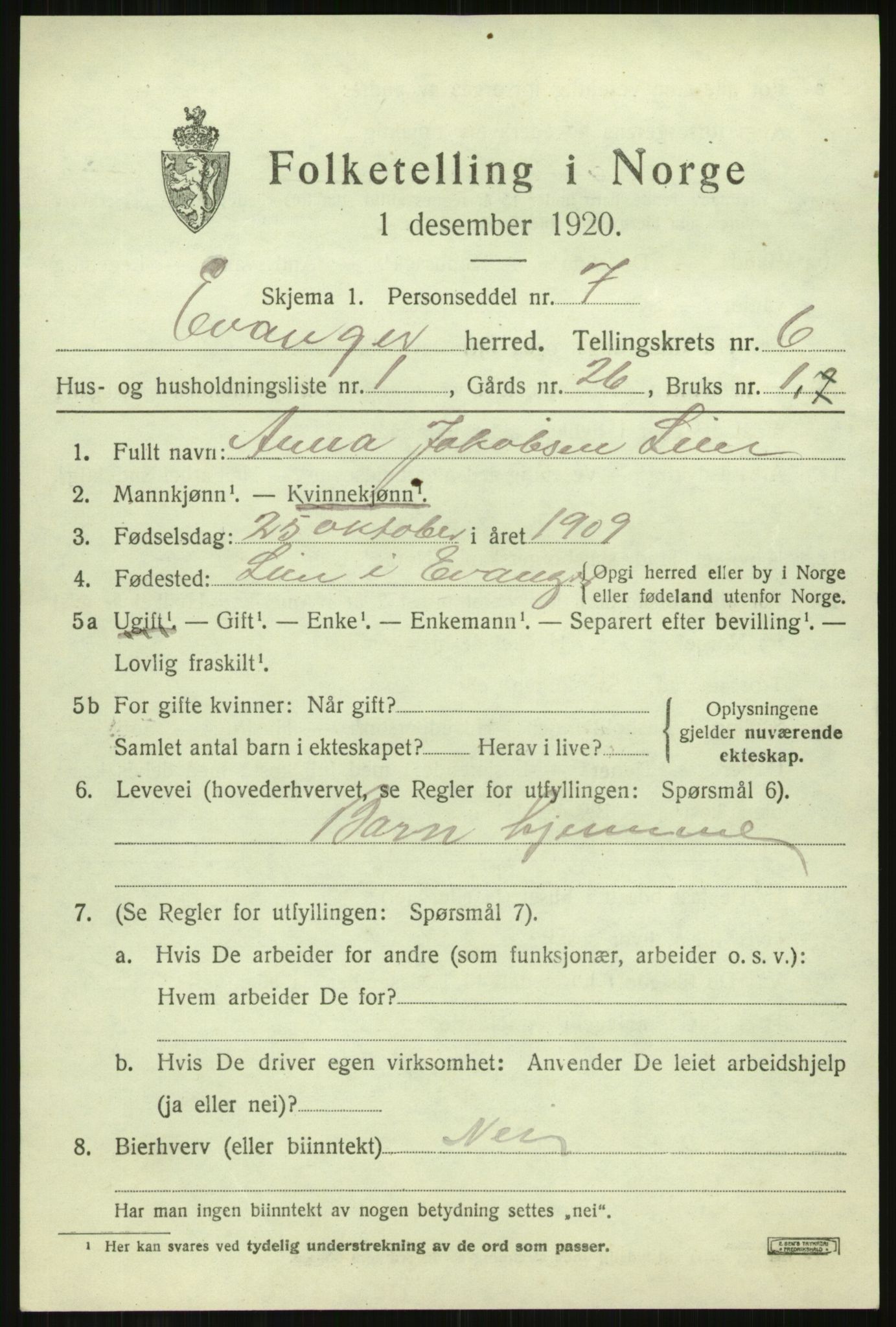 SAB, 1920 census for Evanger, 1920, p. 1921