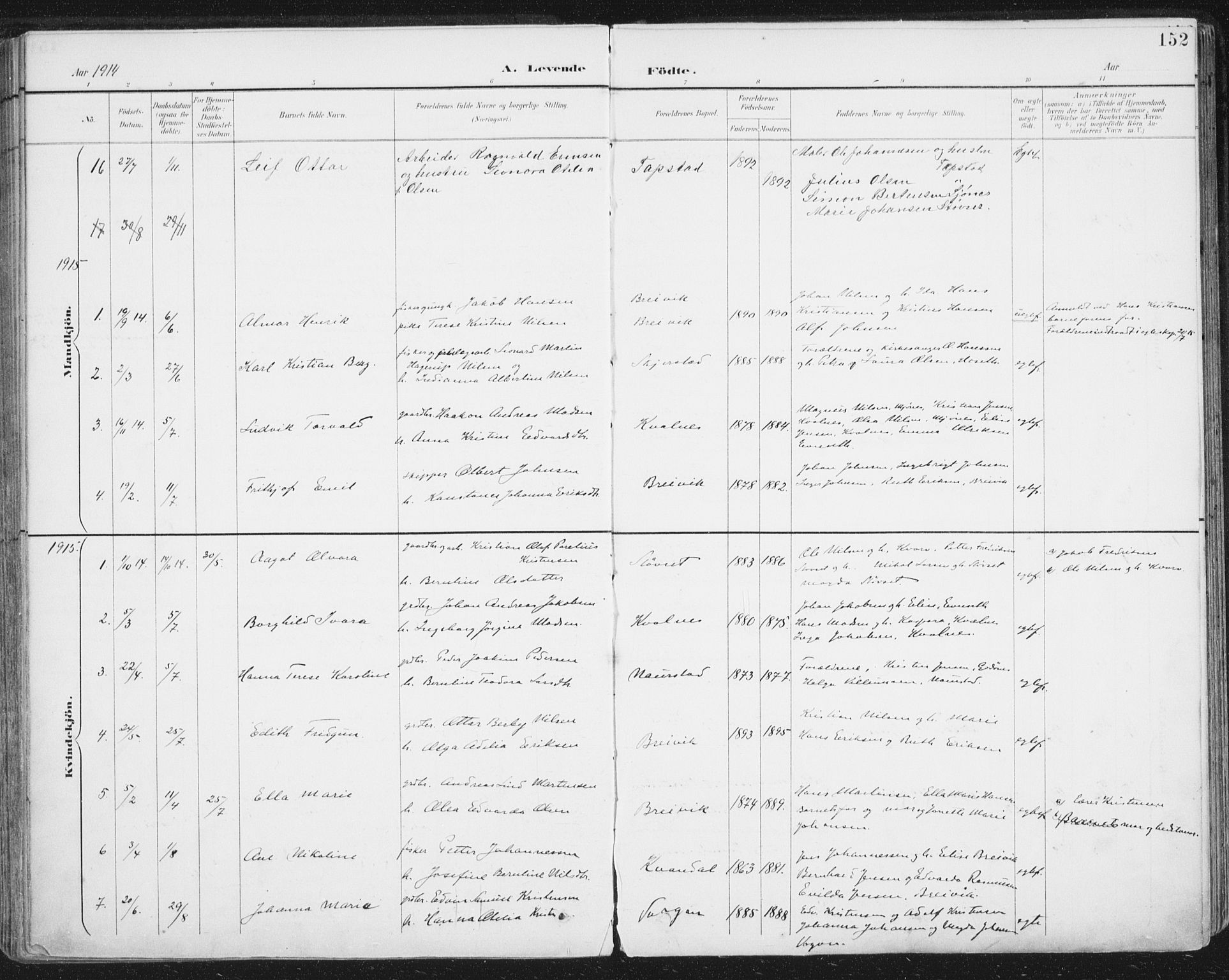 Ministerialprotokoller, klokkerbøker og fødselsregistre - Nordland, SAT/A-1459/852/L0741: Parish register (official) no. 852A11, 1894-1917, p. 152