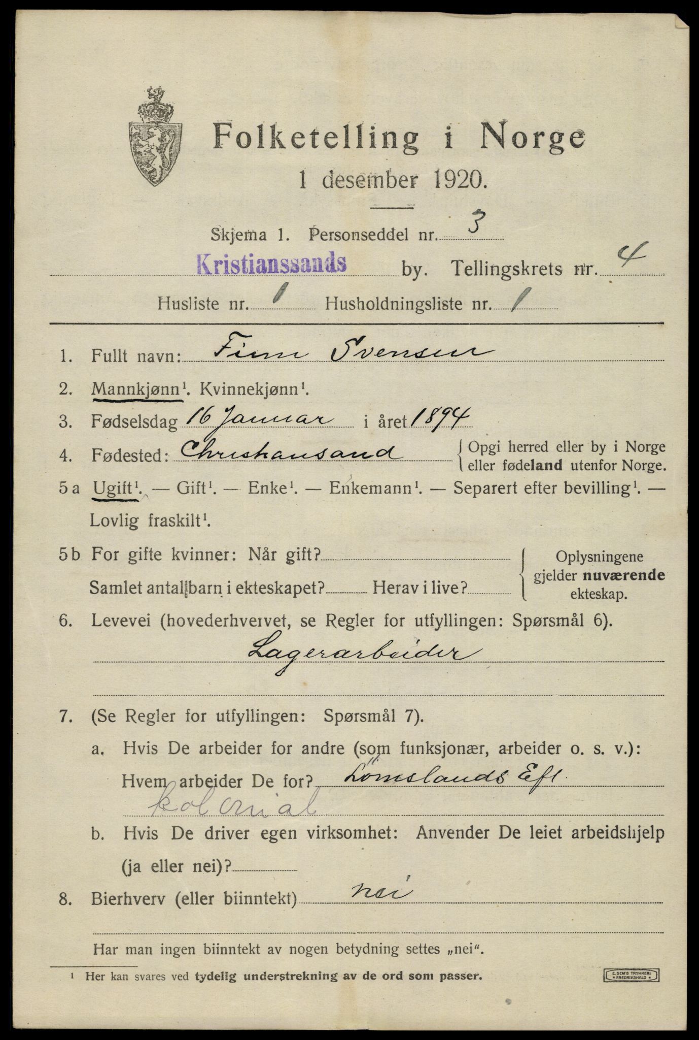 SAK, 1920 census for Kristiansand, 1920, p. 15329